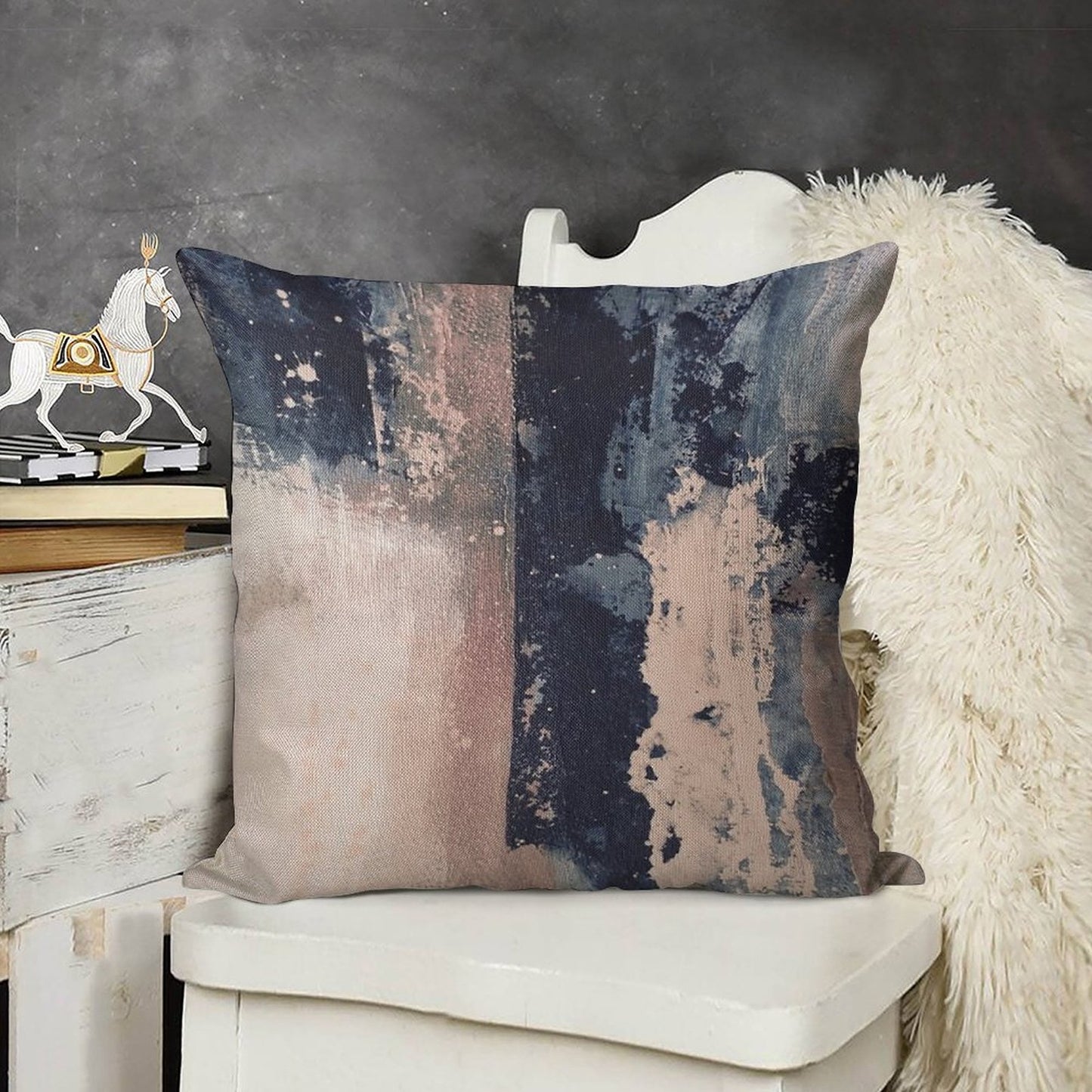 Horizontal Pink Navy Linen Throw Pillow Cover