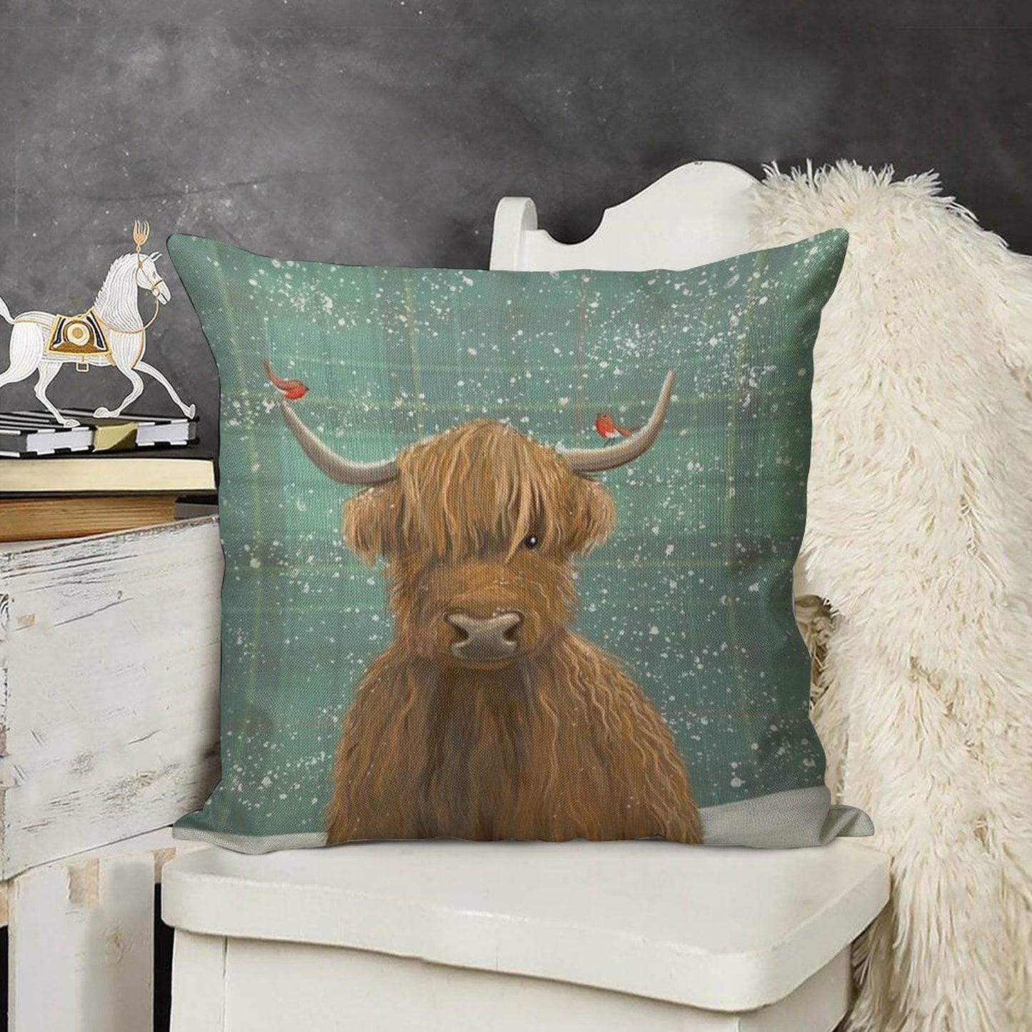 Scottish Highland Cow Winter Robins Tartan Linen Throw Pillow Cover