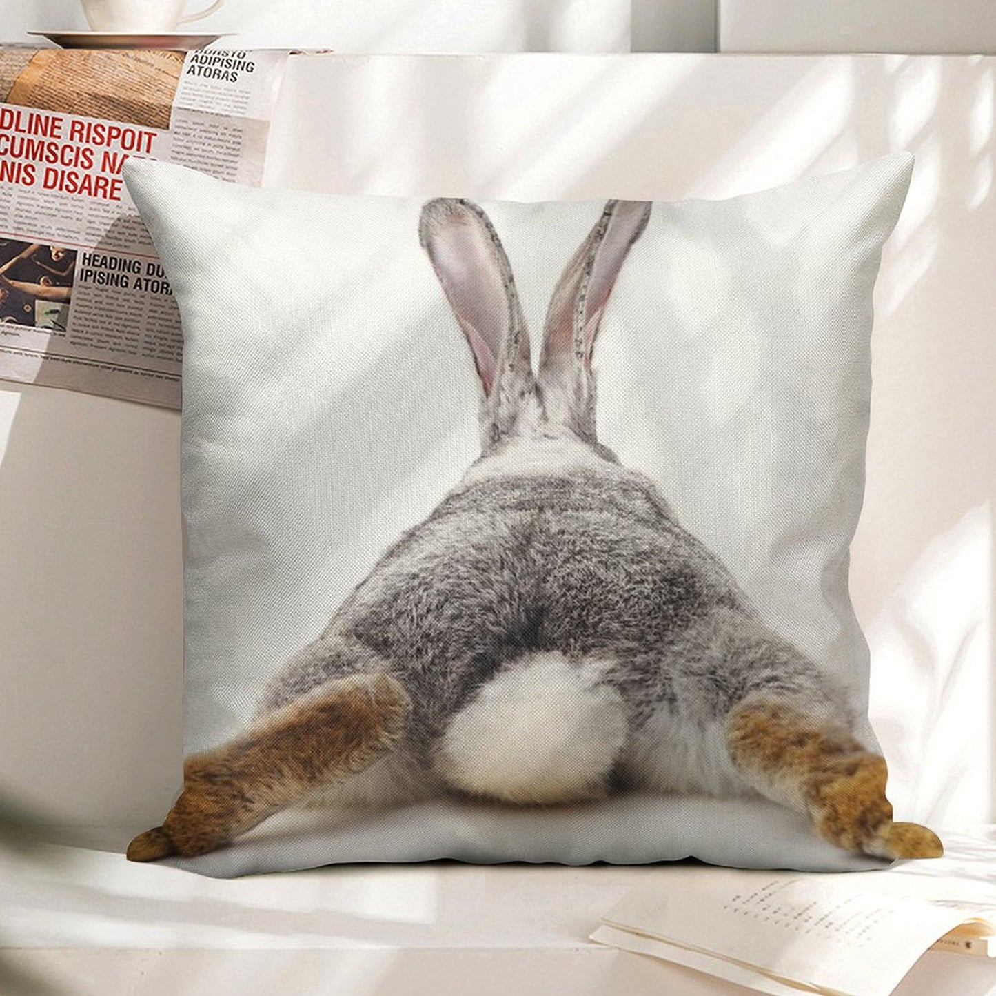Just Relax Rabbit - View from Behind Linen Throw Pillow Cover