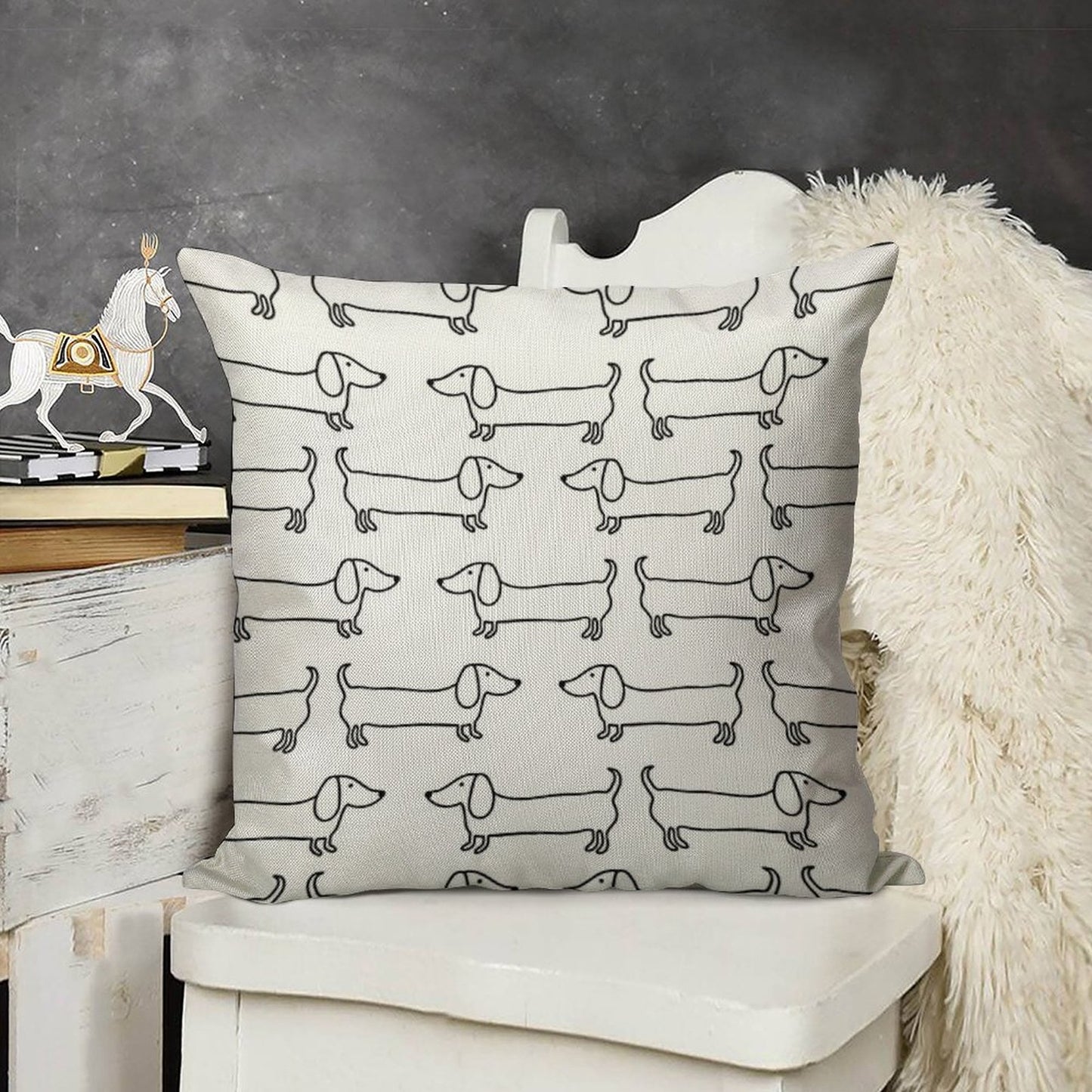 Dachshund in Black-white Linen Throw Pillow Cover