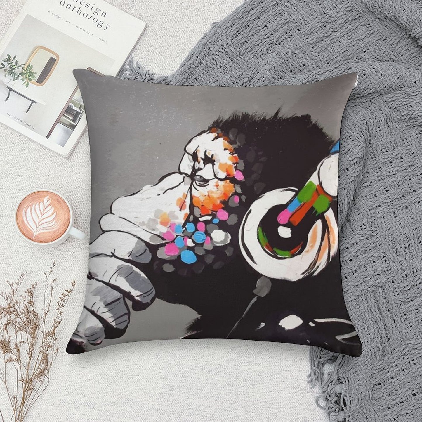 Banksy DJ Monkey Thinker with Headphones Soft Skin-Friendly Throw Pillow