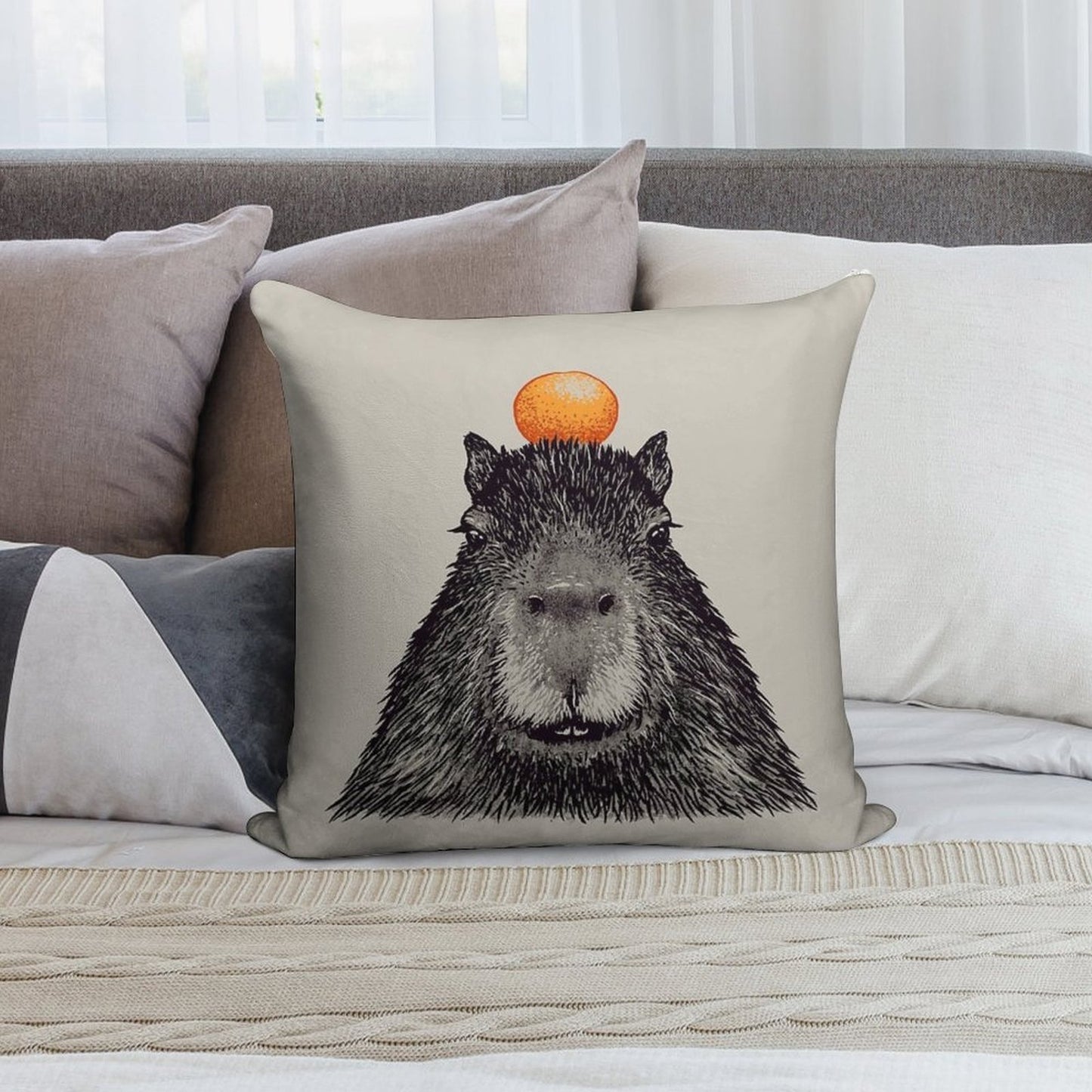 Capybara  Orange  Capy Yuzu  Capybara with Orange on Head  His Name - Gort  Portrait Soft Fade-Resistant Throw Pillow