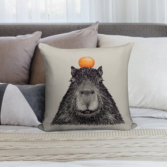 Capybara  Orange  Capy Yuzu  Capybara with Orange on Head  His Name - Gort  Portrait Soft Fade-Resistant Throw Pillow