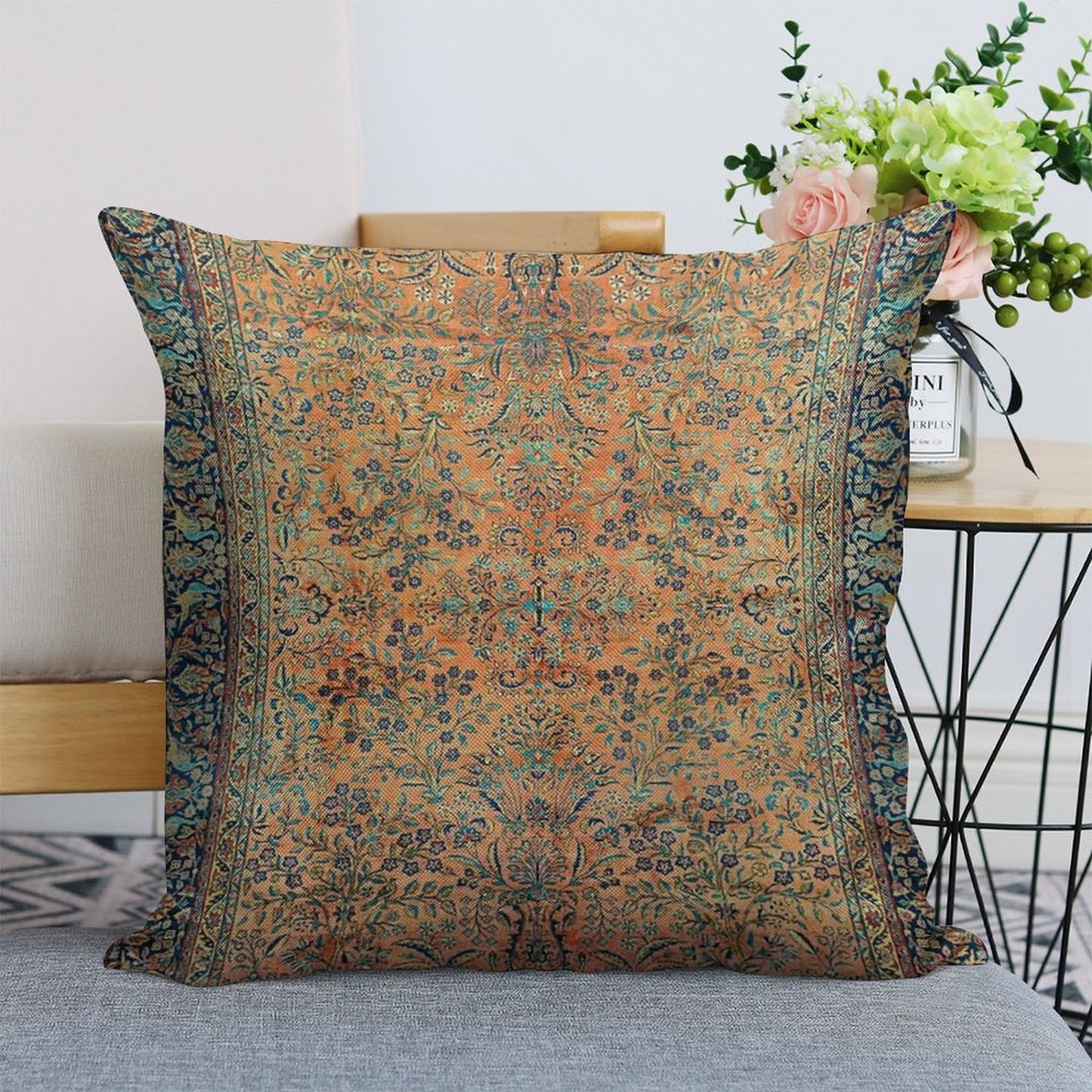 Manchester Kashan Floral Persian Carpet Print Linen Throw Pillow Cover