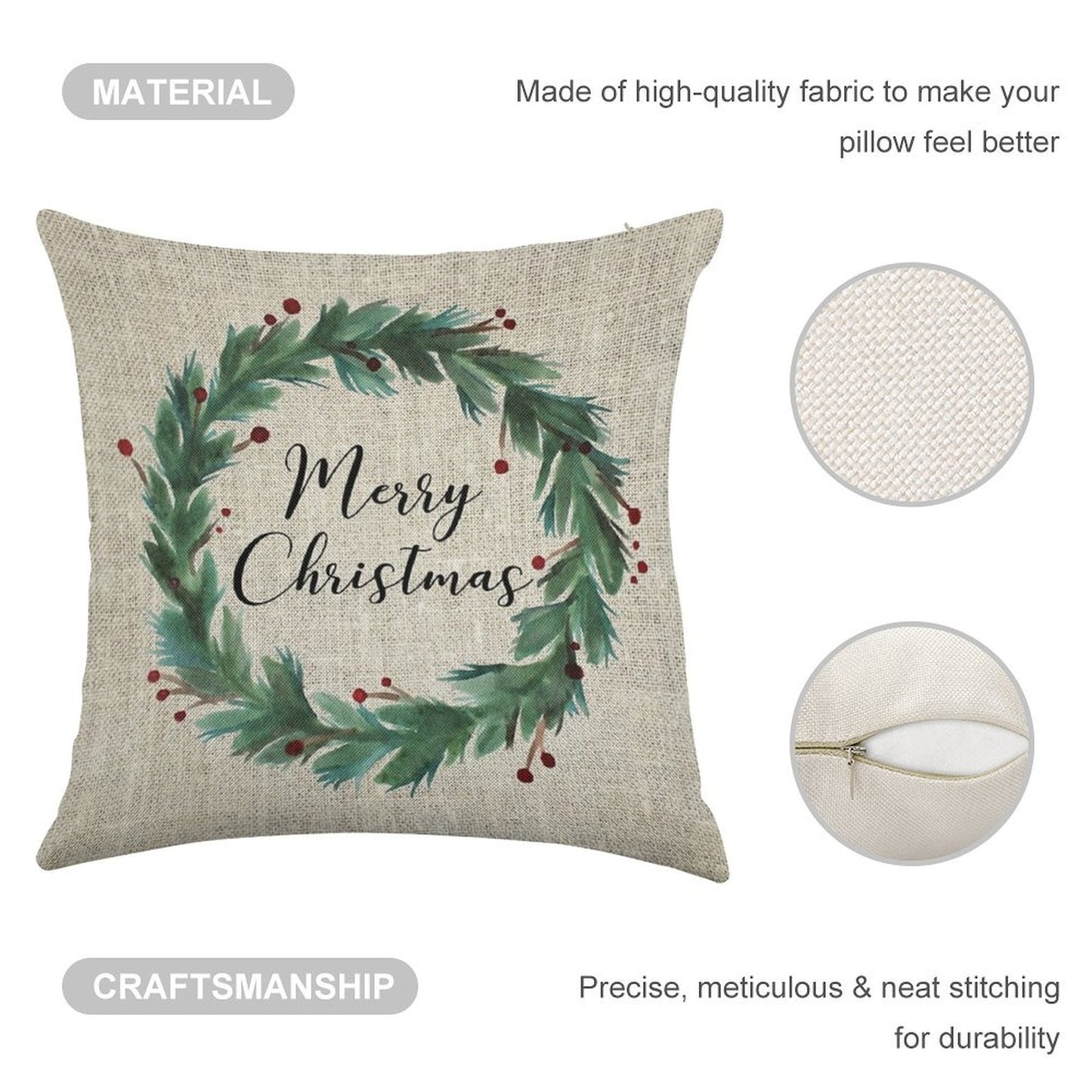 Christmas Wreath Linen Throw Pillow Cover