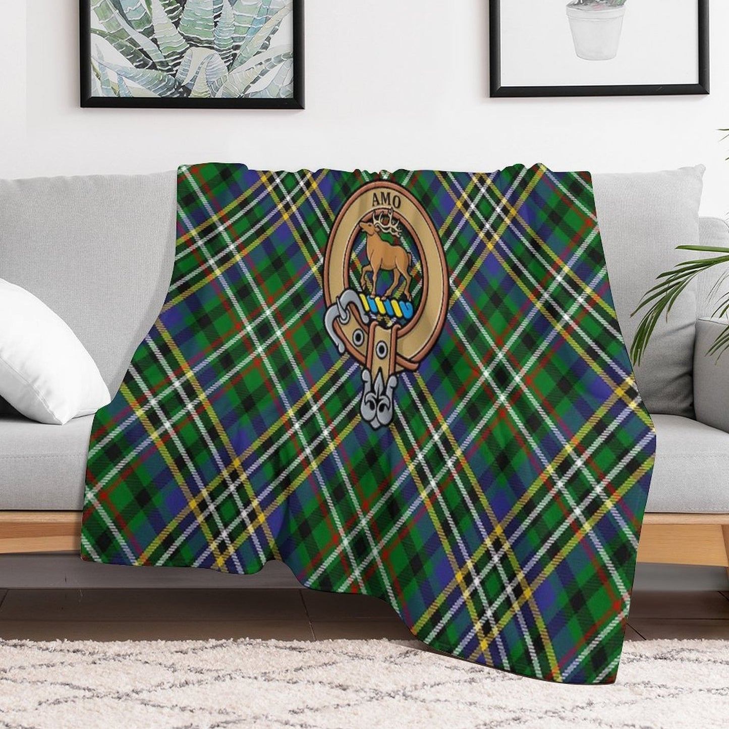 Clan Scott Crest over Green Tartan Throw Blanket