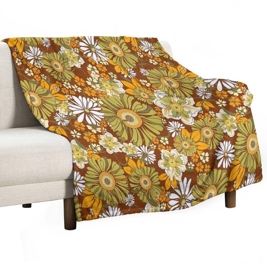 70s Retro Vintage Flower Power Pattern Boho, Orange, Brown, Throw Blanket