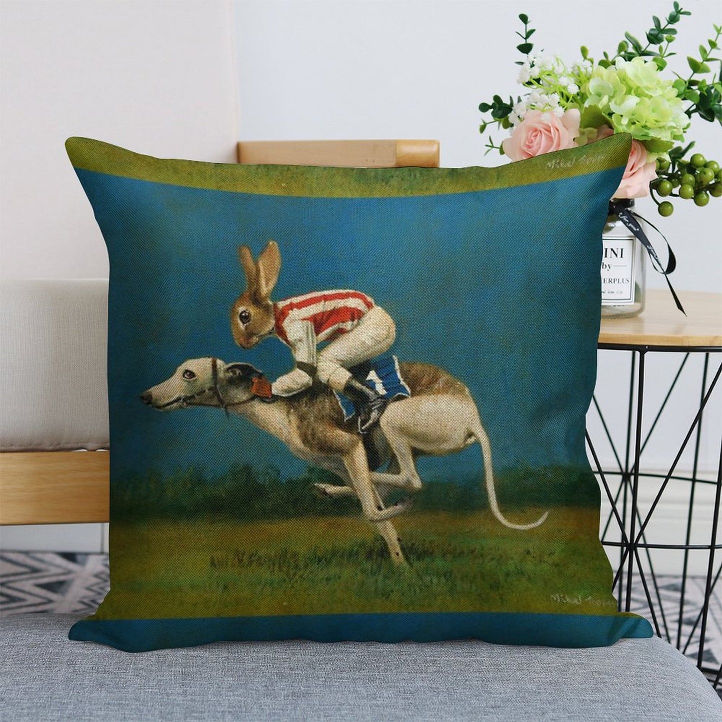 Whippet Racer Linen Throw Pillow Cover