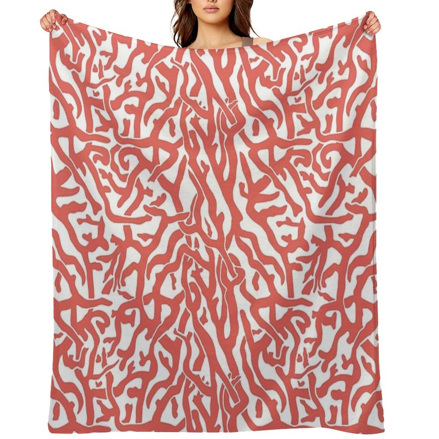Coral Reef Pattern Reddish Coral White Coastal Beach House Throw Blanket