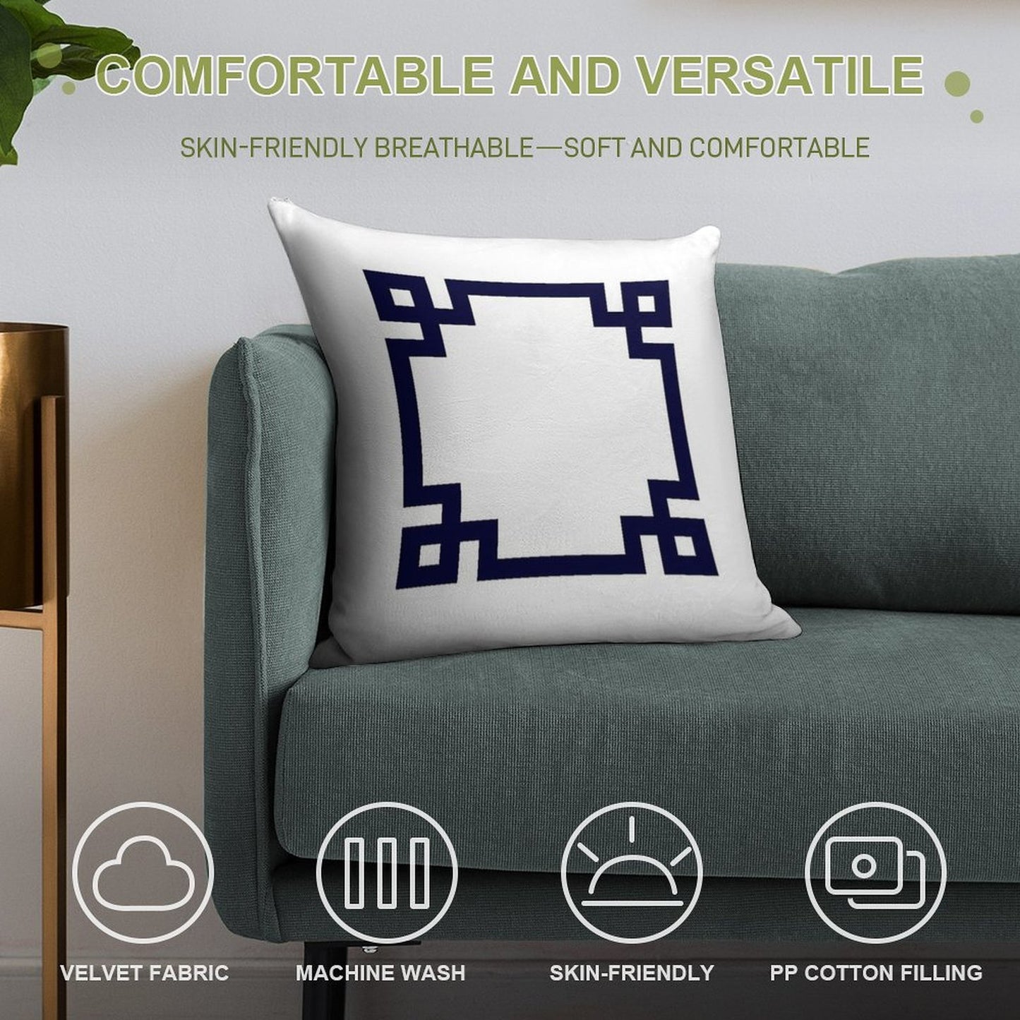 Navy Blue Greek Key Square On White Soft Reinforced Edging Throw Pillow
