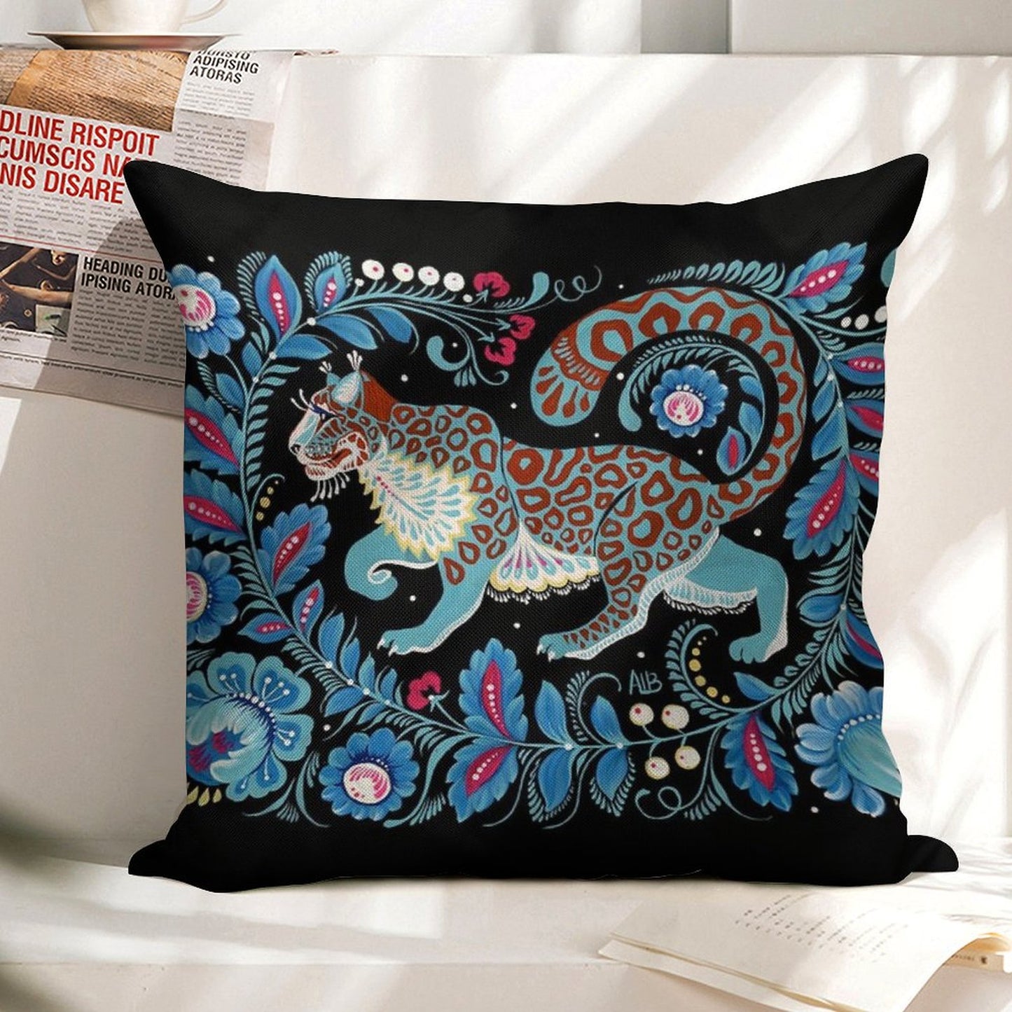 Snow Leopard Folk Art Linen Throw Pillow Cover