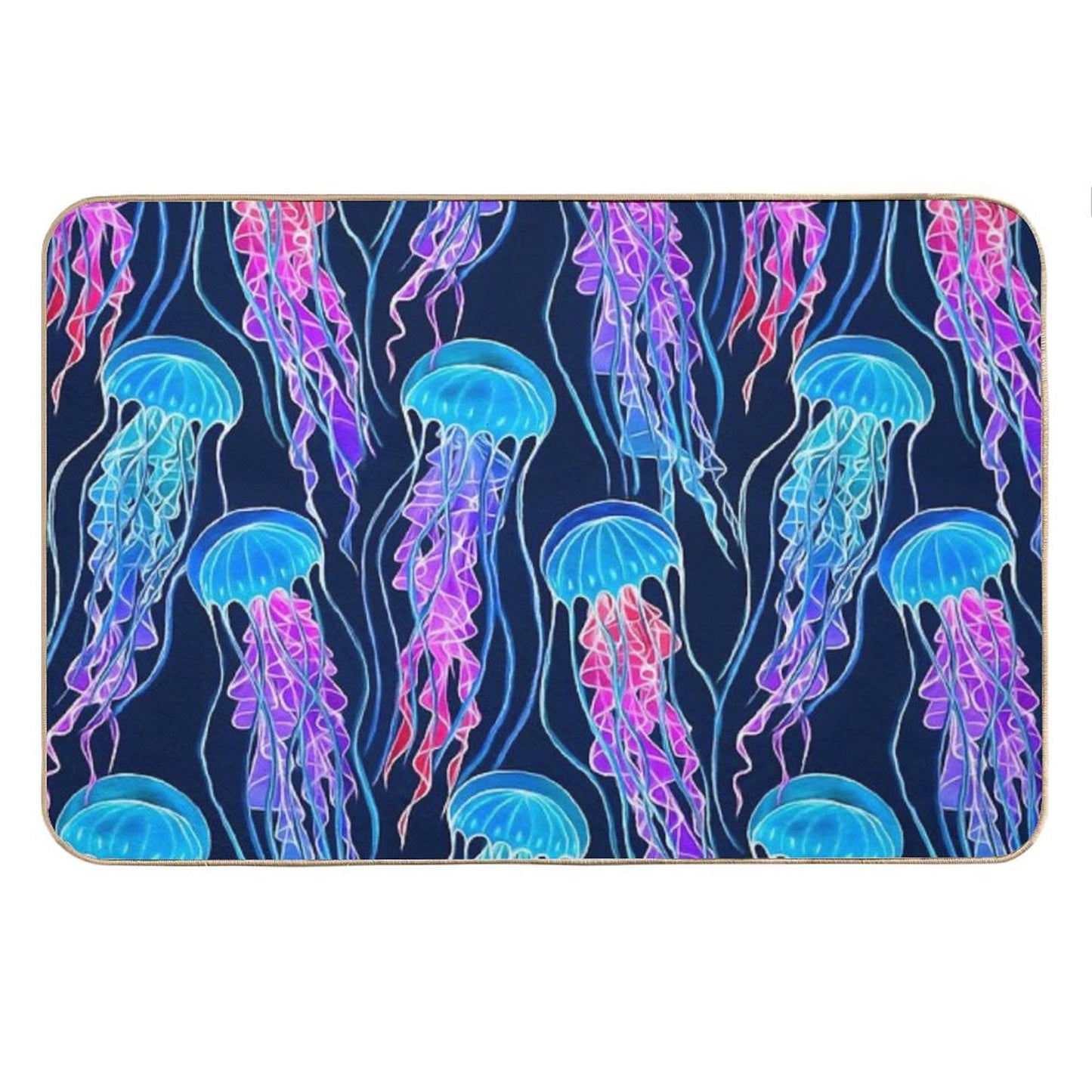 Luminescent Rainbow Jellyfish on Navy Blue Bath Mat