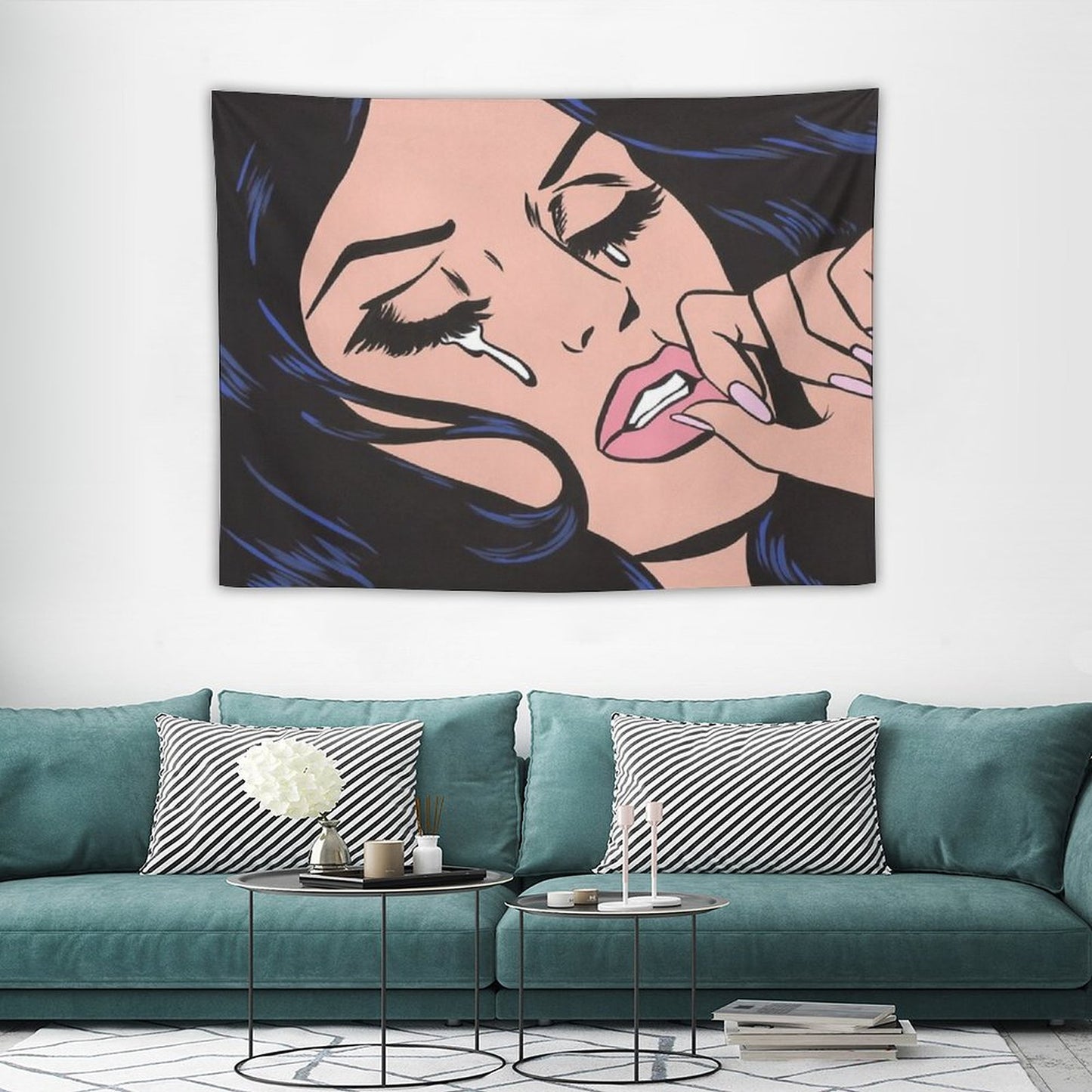 Black Hair Crying Comic Girl Tapestry