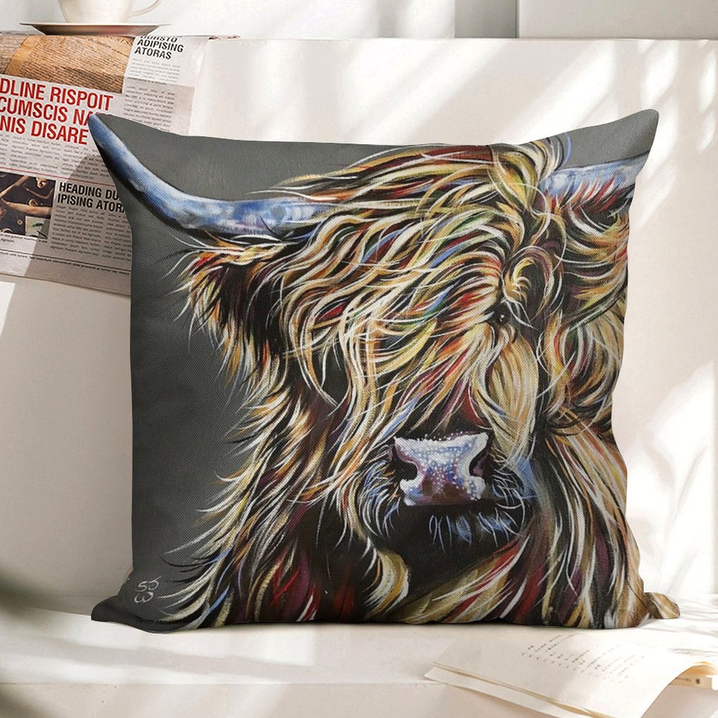 Beau The Colourful Highland Cow Linen Throw Pillow Cover