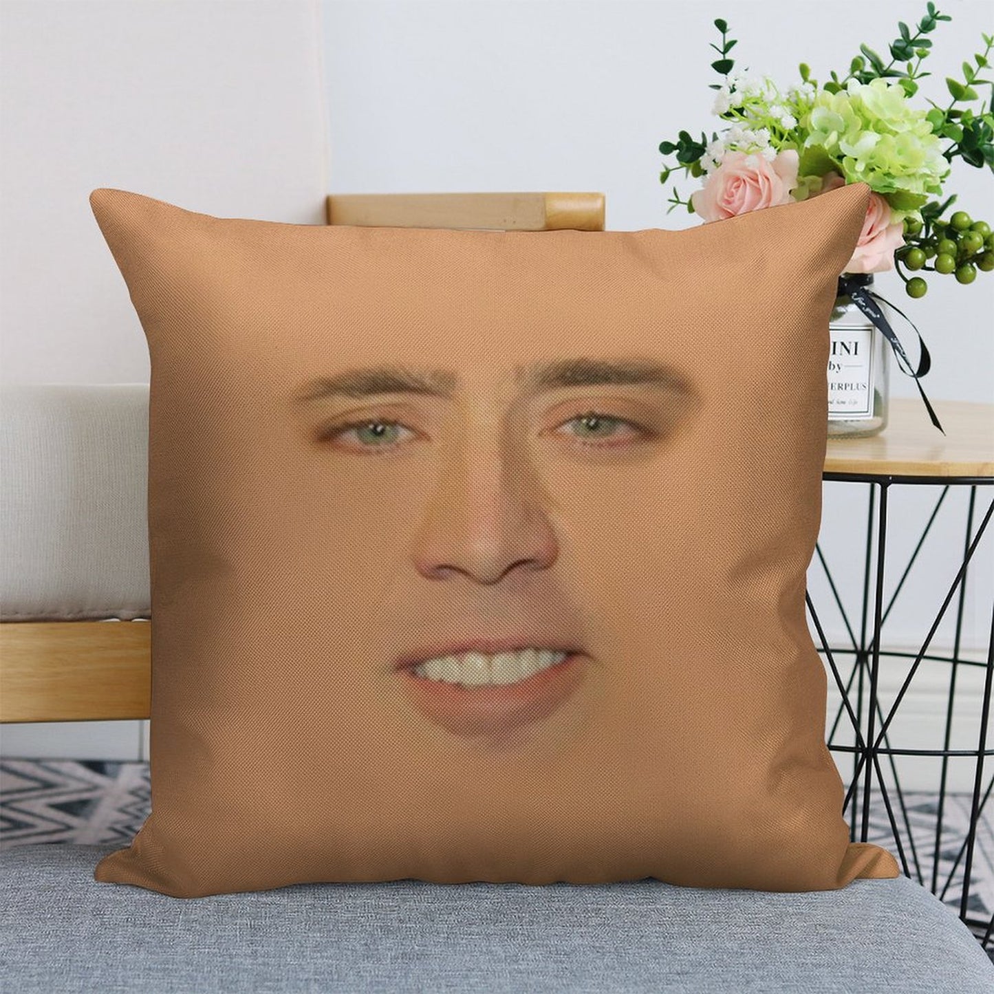 Nicolas Cage Full Face Linen Throw Pillow Cover