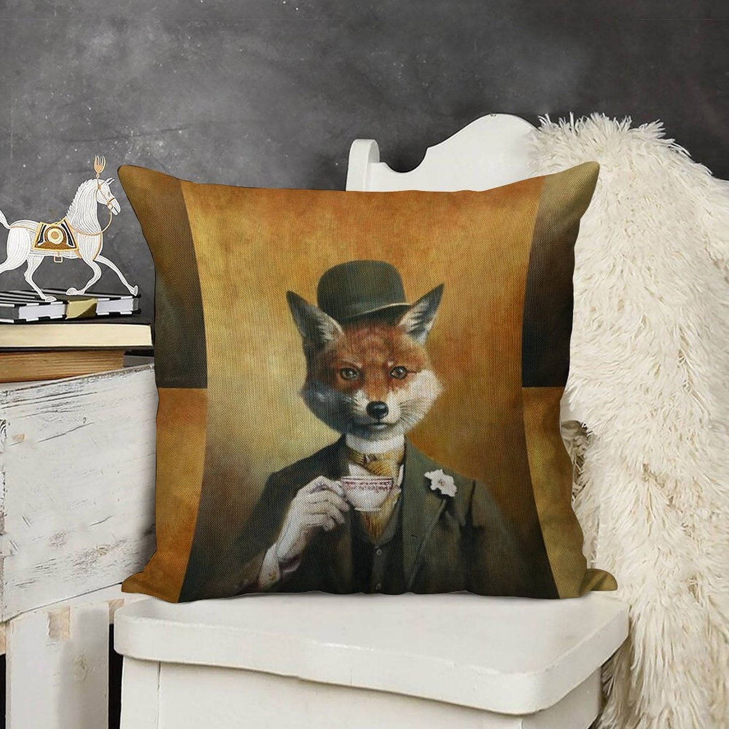 Teatime Mr Fox Linen Throw Pillow Cover