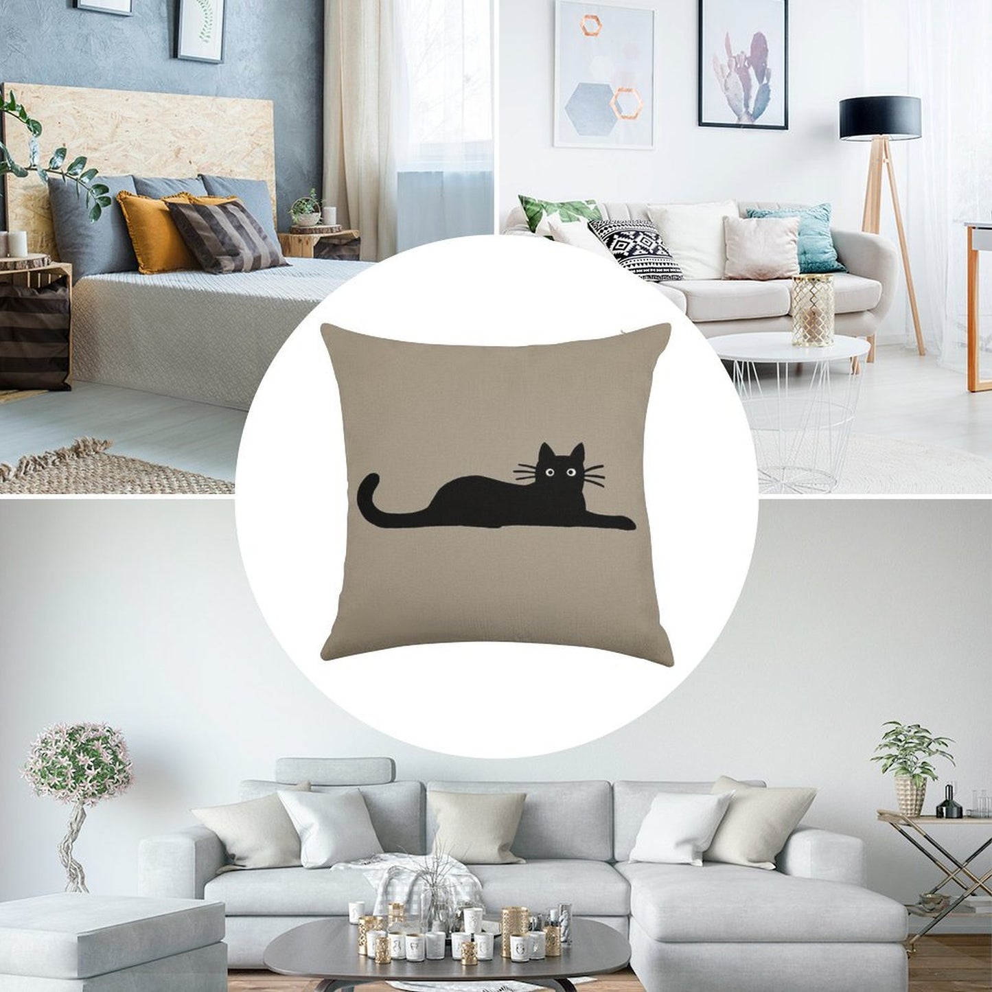 Black Cat Linen Throw Pillow Cover