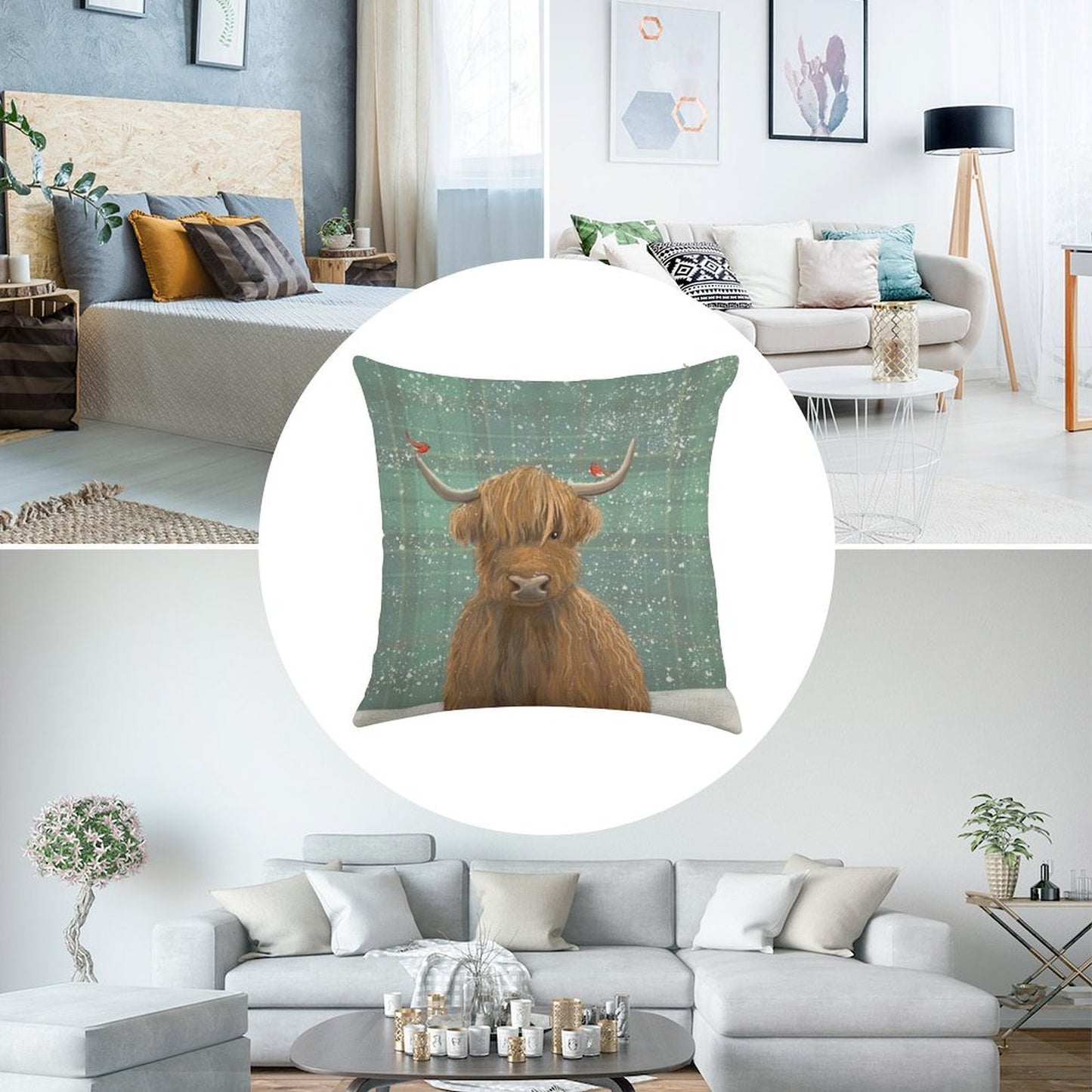 Scottish Highland Cow Winter Robins Tartan Linen Throw Pillow Cover