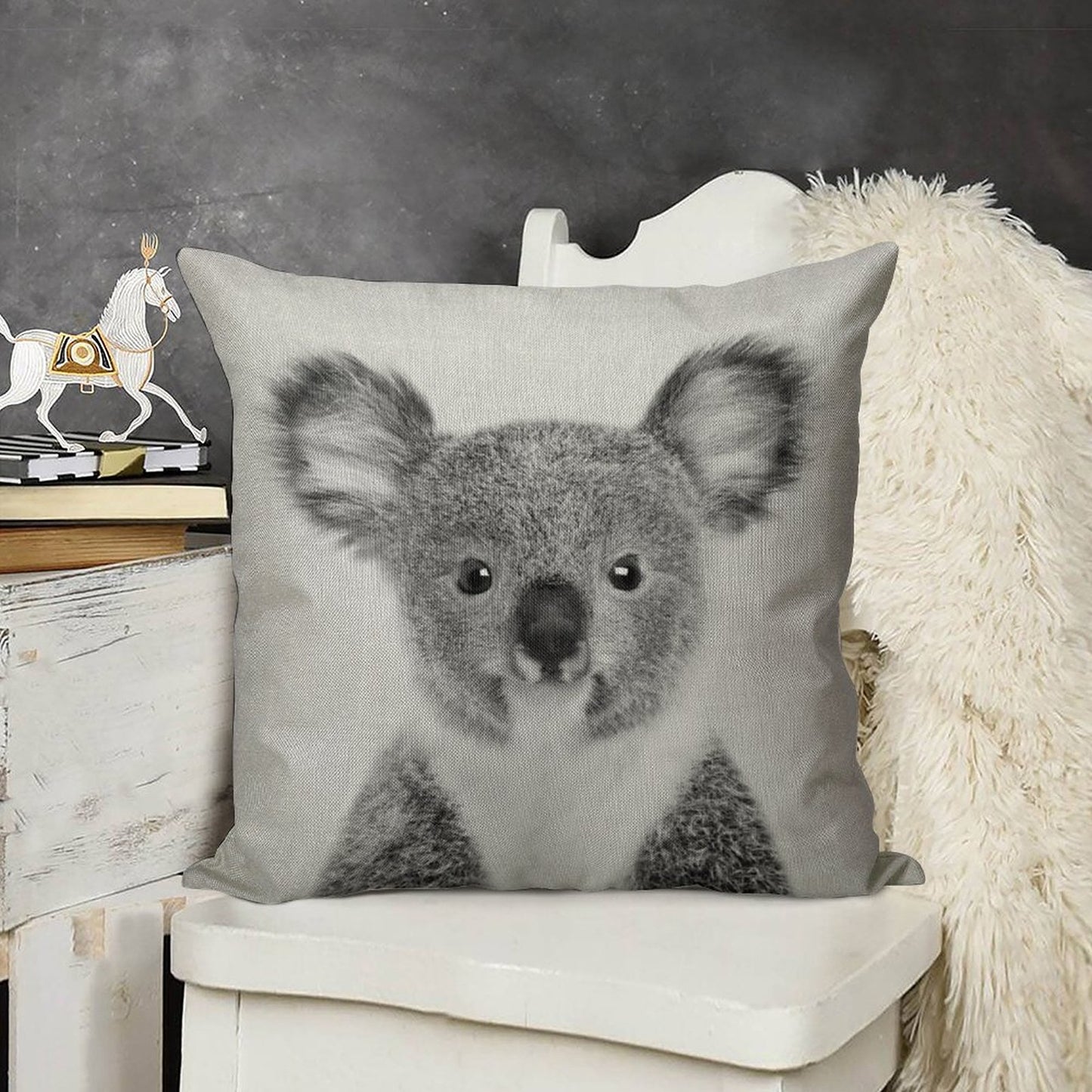 Baby Koala - Black & White Linen Throw Pillow Cover