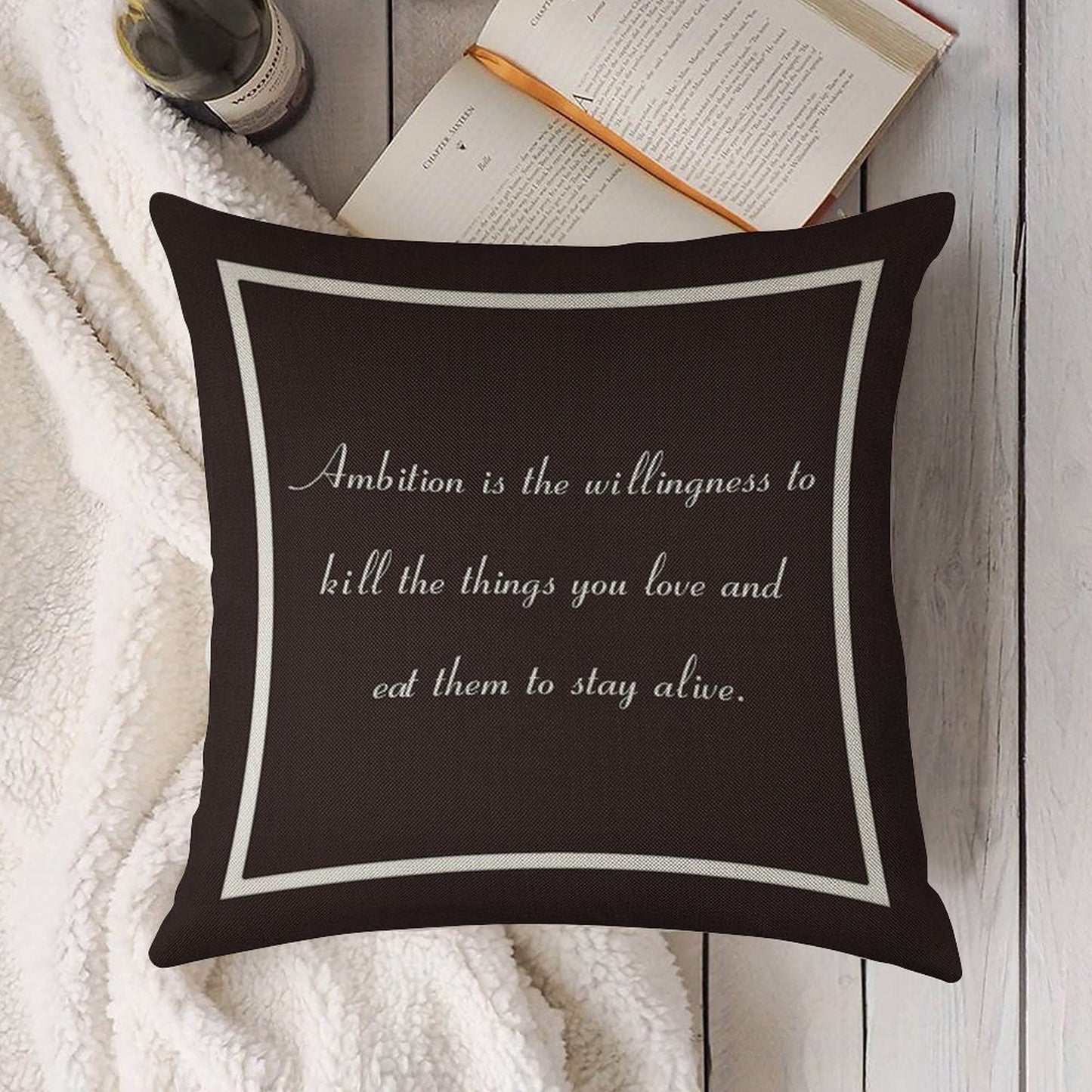 30 Rock Inspired Brown TV Show Jack Donaghy Quote, Ambition Linen Throw Pillow Cover
