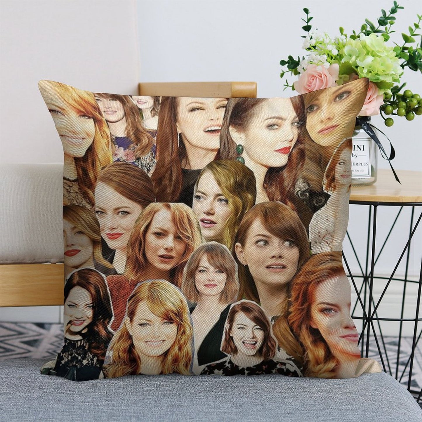 Emma Stone Collage Linen Throw Pillow Cover