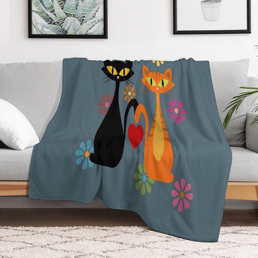 Mid Century Orange And Black Cats in Love Throw Blanket