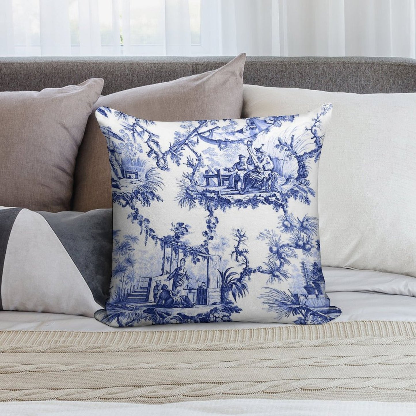 Blue Chinoiserie Toile Soft Hidden Zipper Throw Pillow