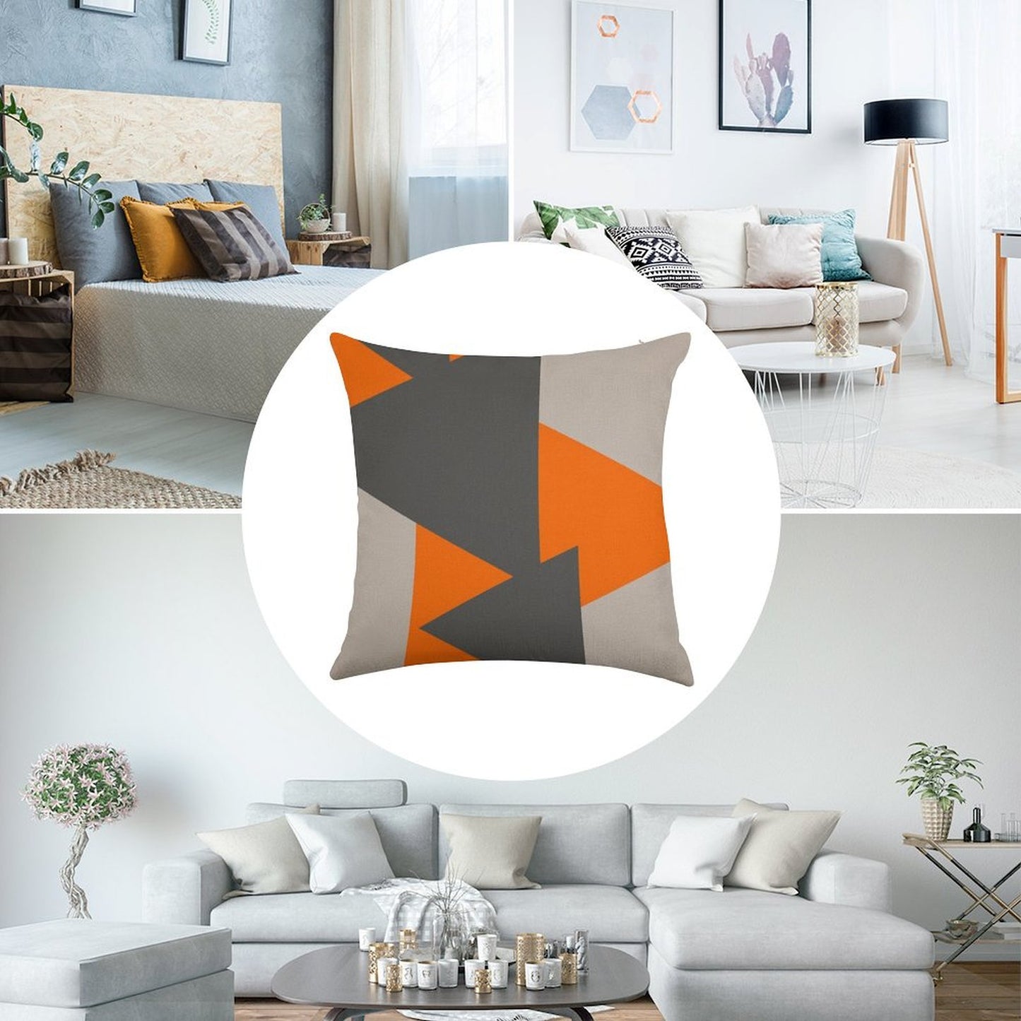 Orange And Grey Triangles Linen Throw Pillow Cover