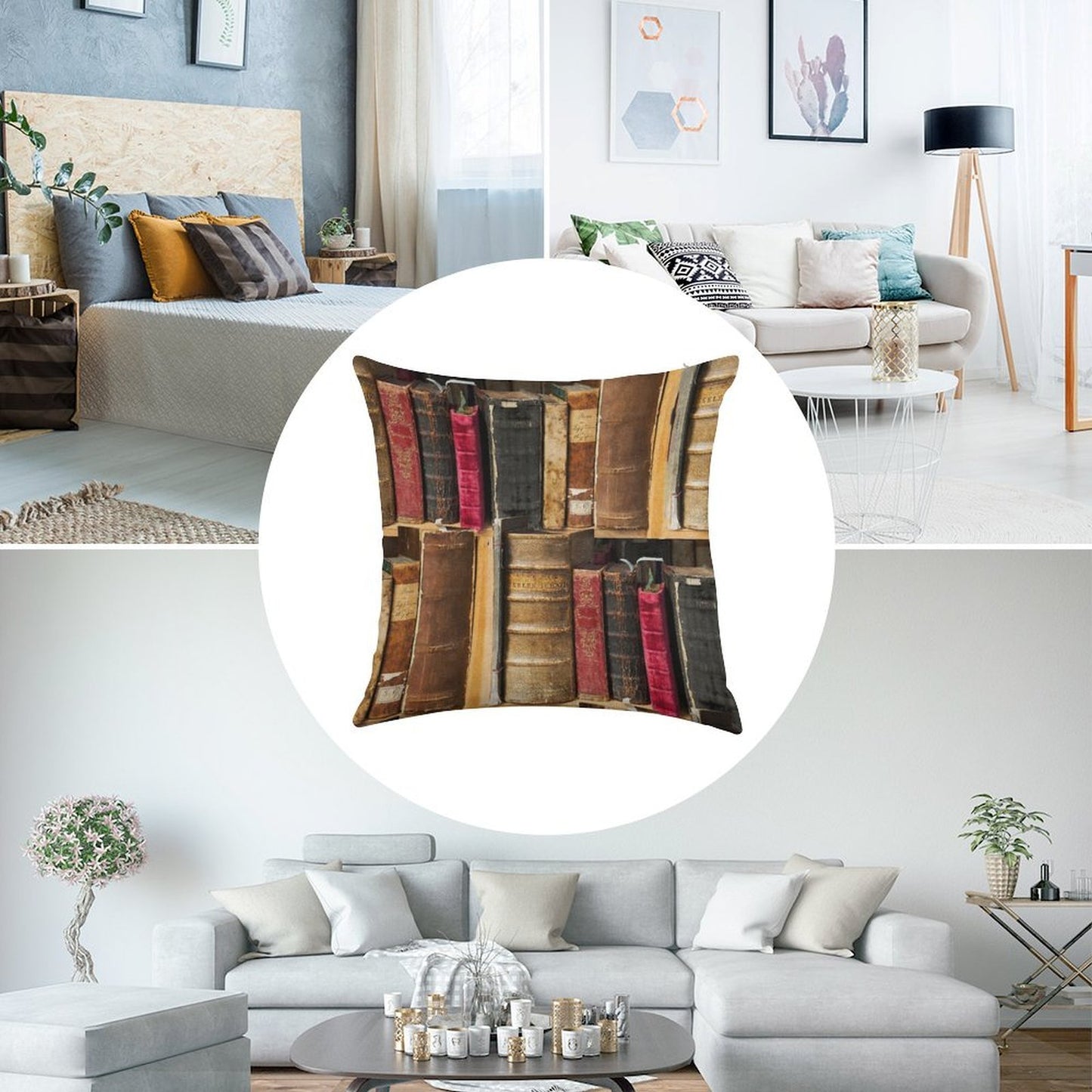 Bookworm Vintage Books in Bookshelf Linen Throw Pillow Cover
