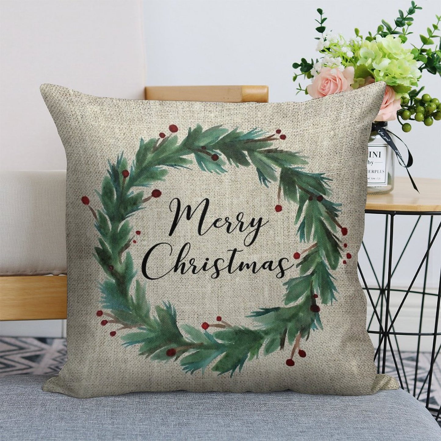 Christmas Wreath Linen Throw Pillow Cover