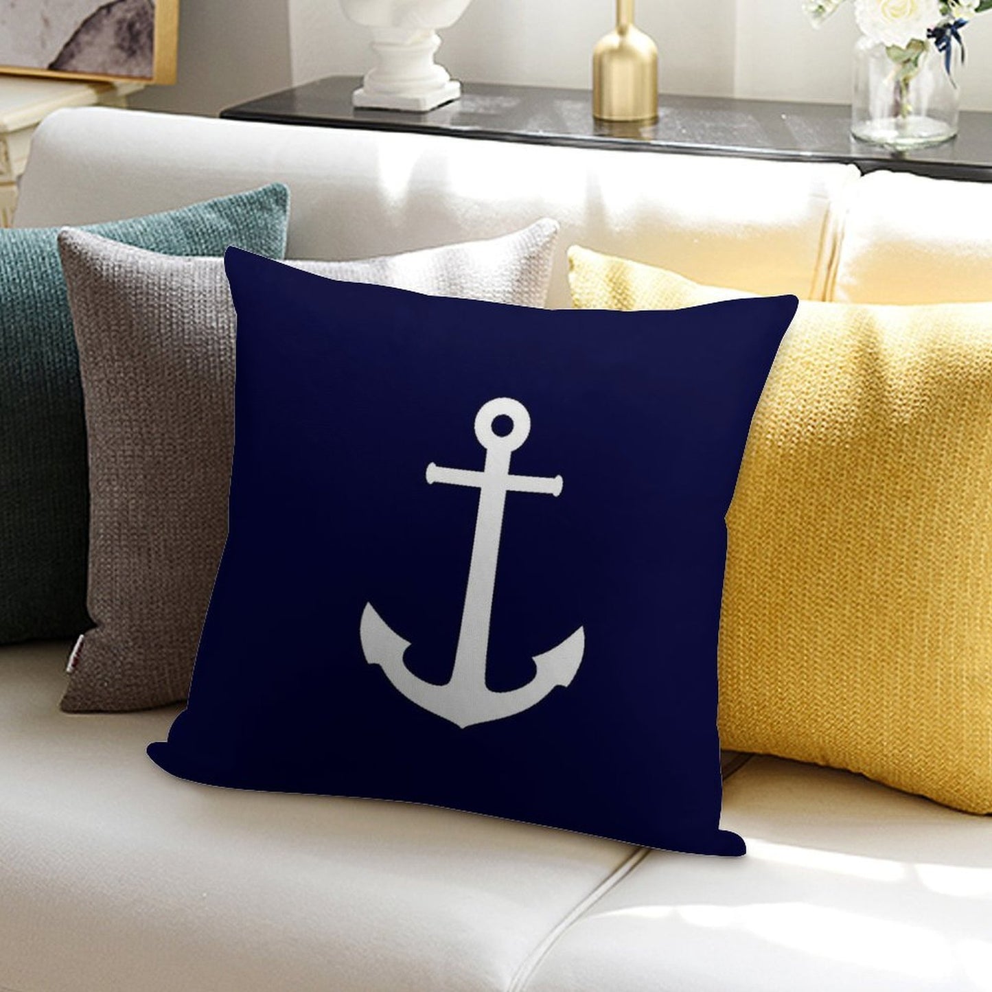 White Anchor On Navy Blue Soft Short Plush Fabric Throw Pillow