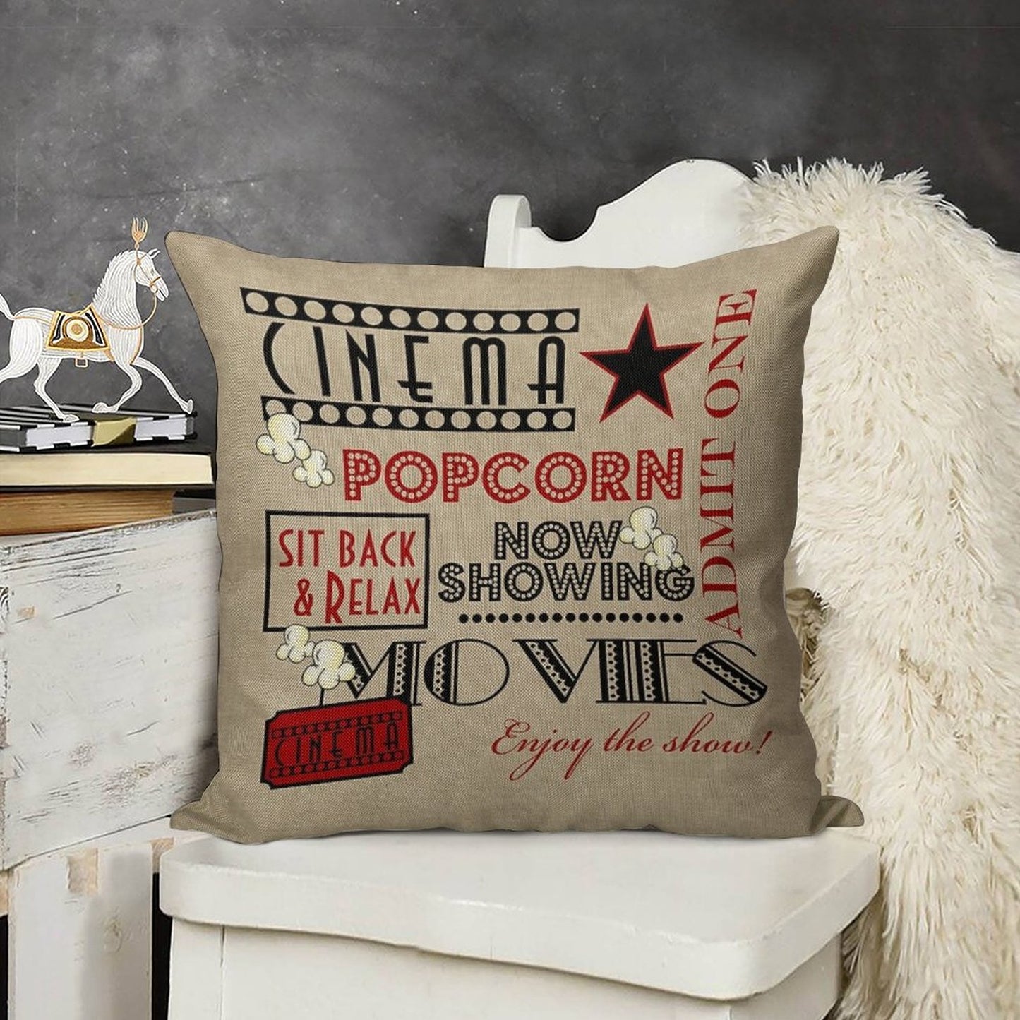 Movie Theater Cinema Admit One Ticket Pillow-Red Linen Throw Pillow Cover