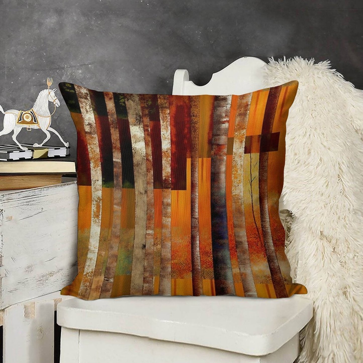 Abstract Forest Orange Stripes Linen Throw Pillow Cover