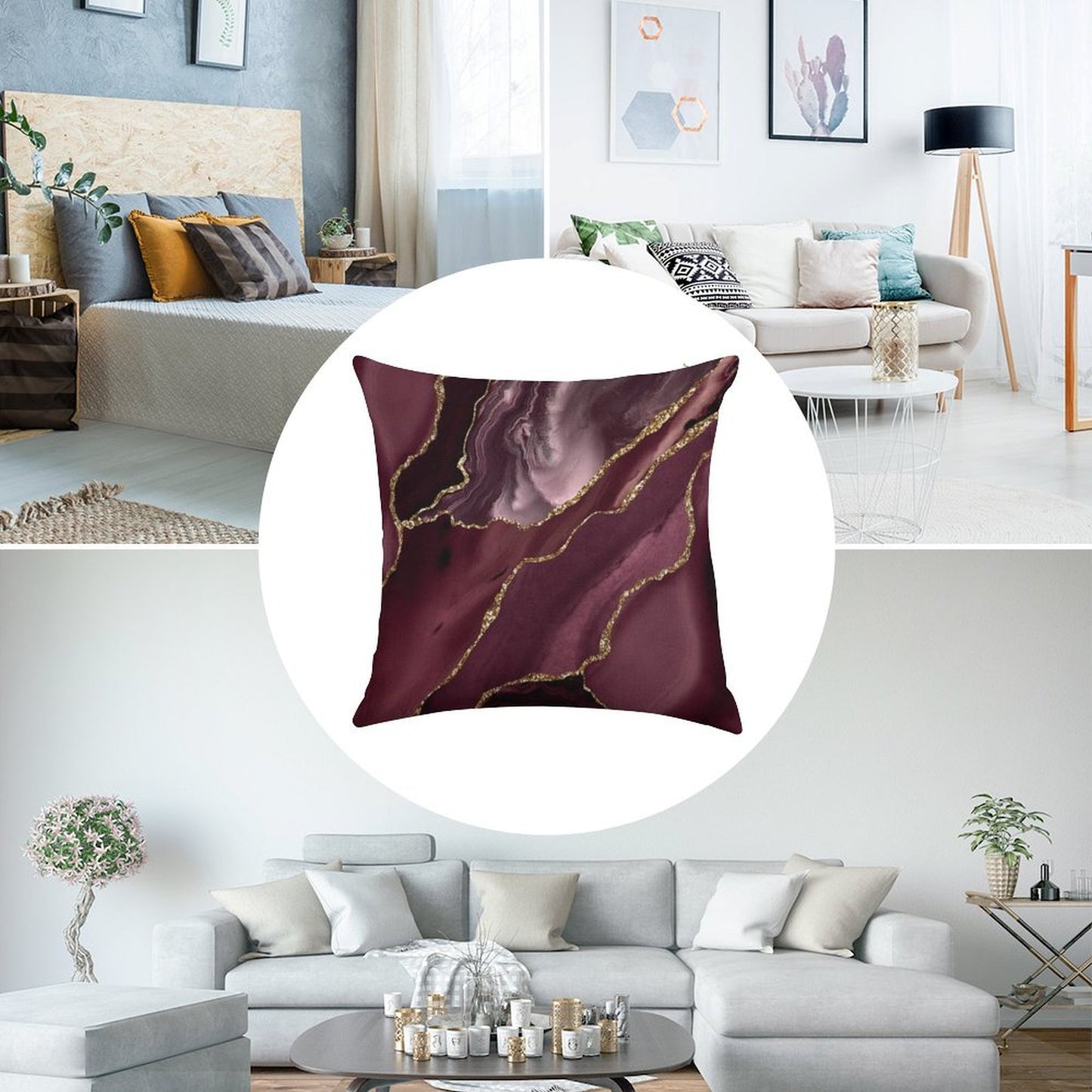 Burgundy Maroon Geode Agate Linen Throw Pillow Cover