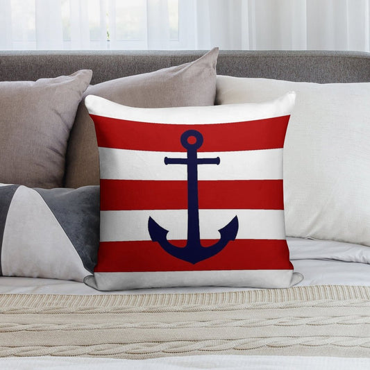 Nautical Navy Blue Anchor On Red Stripes Soft Decorative Cover Throw Pillow