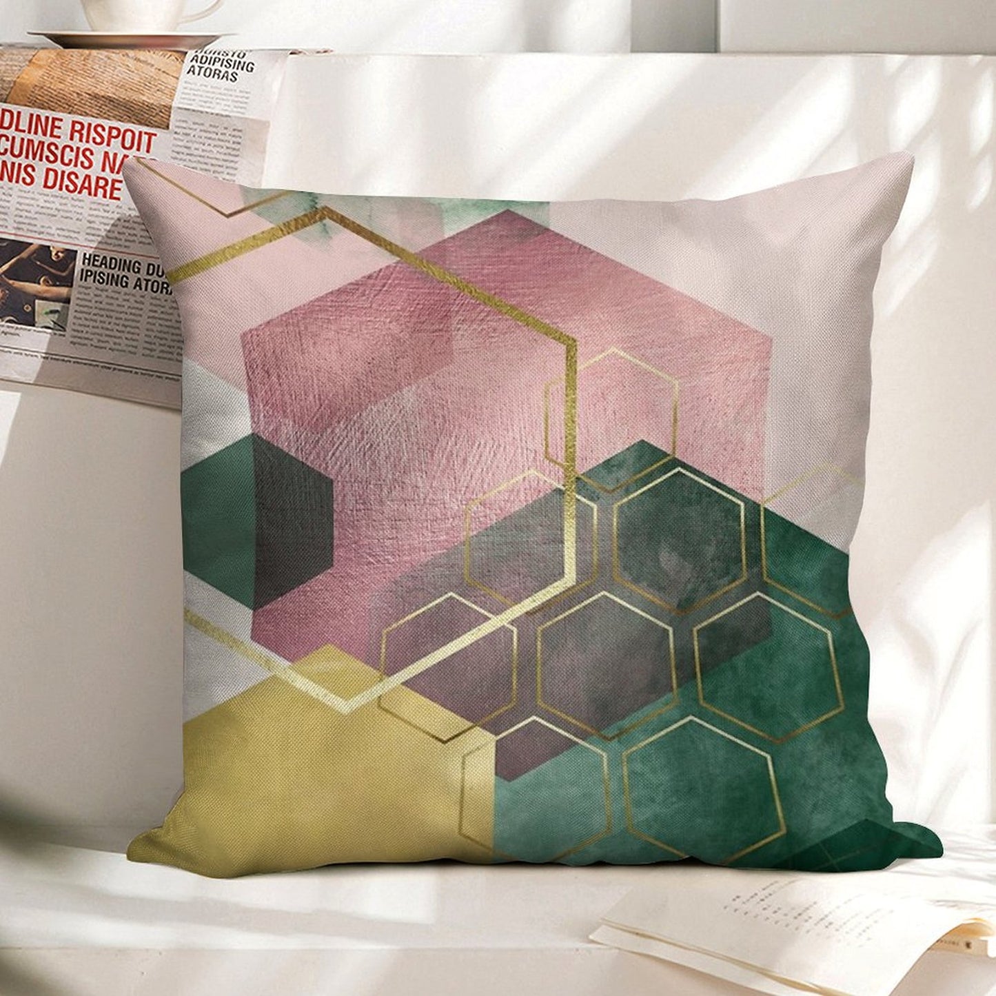 Emerald Green And Pink Geo No 3 Linen Throw Pillow Cover
