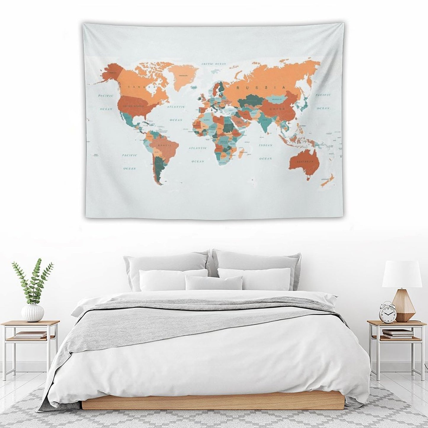 Map of The World in Burnt Orange And Teal Tapestry