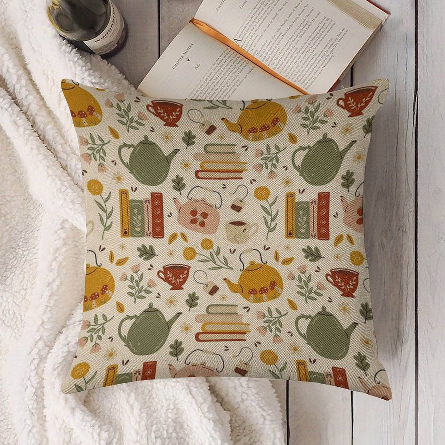Flowery Books And Tea Linen Throw Pillow Cover