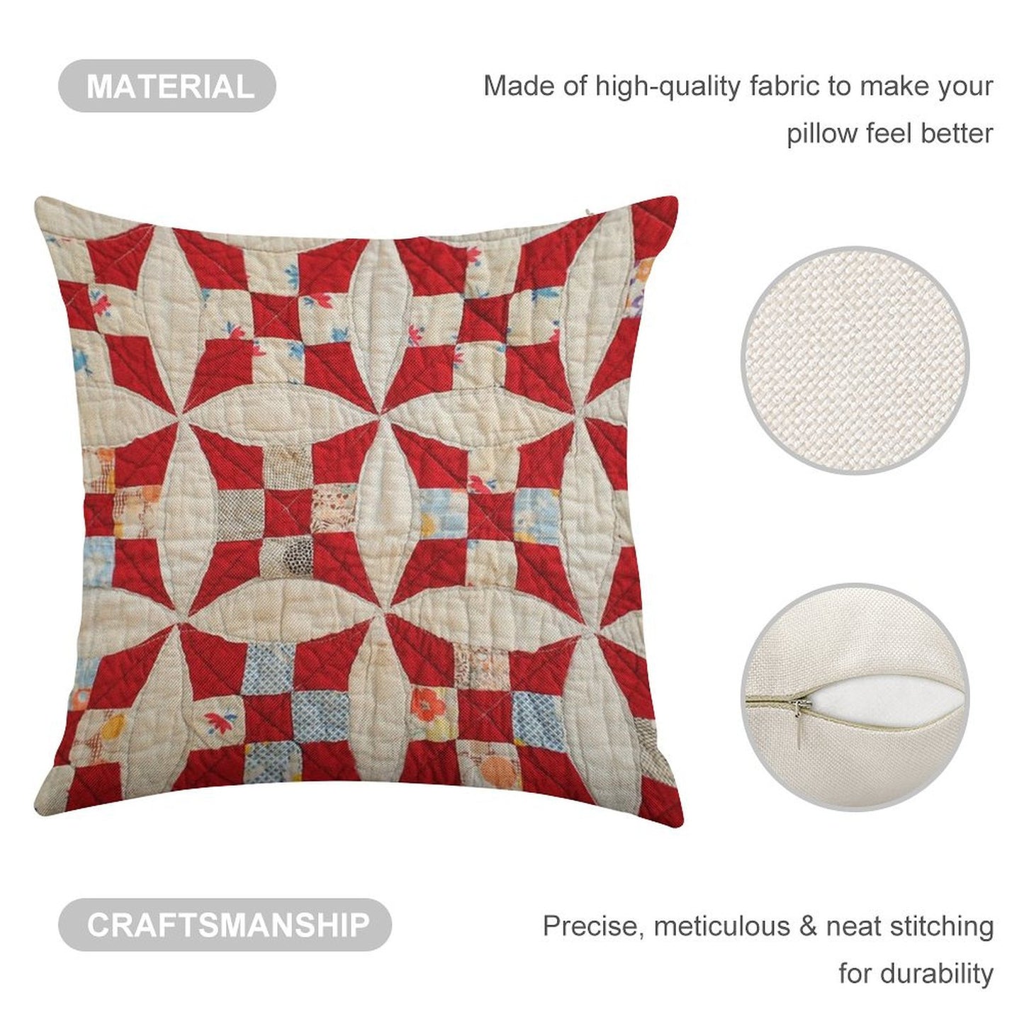 Vintage Patchwork Quilt in Red And White Linen Throw Pillow Cover