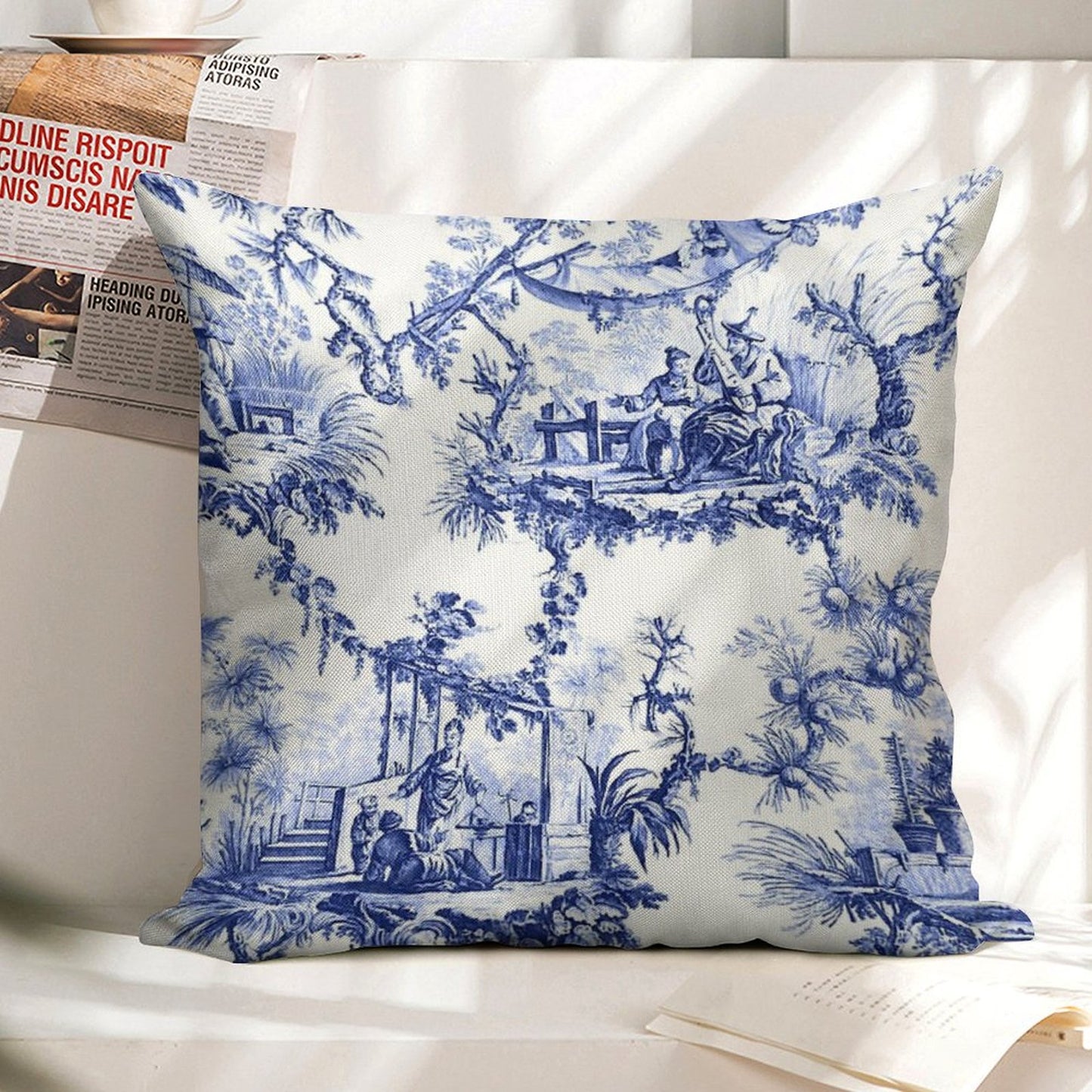 Blue Chinoiserie Toile Linen Throw Pillow Cover