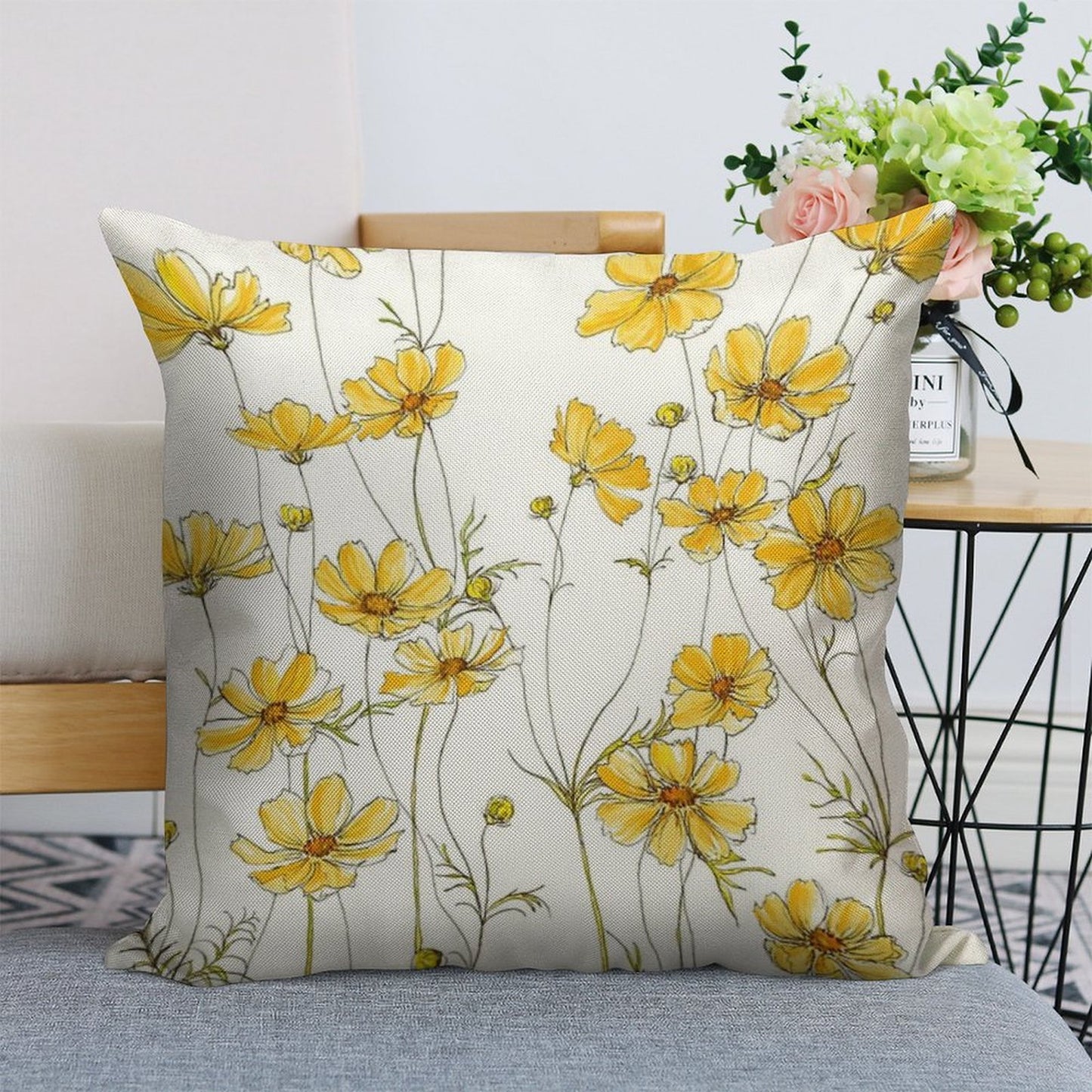 Yellow Cosmos Flowers Linen Throw Pillow Cover