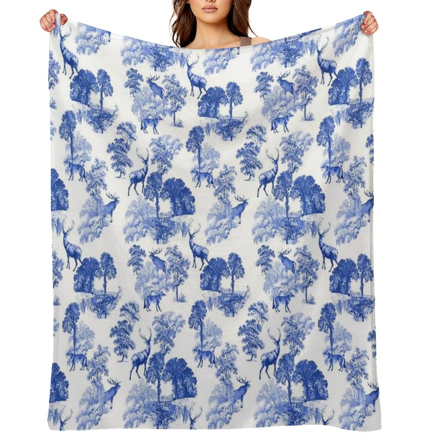 Elegant Vintage Blue Toile Deer in Woodland Throw Blanket