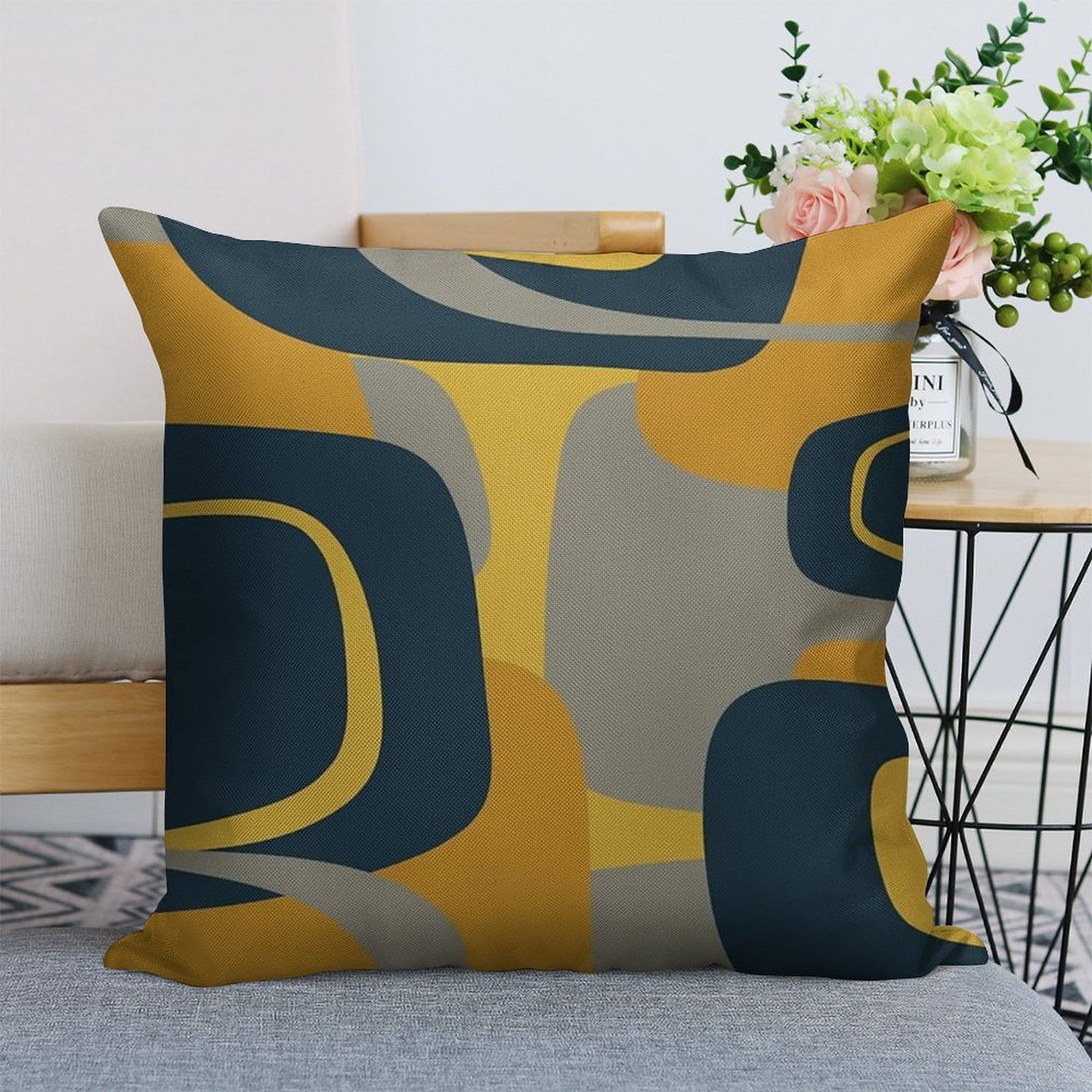 Mid Century Modern Retro Abstract Pattern in Navy Blue, Mustard Yellow, And Gray Linen Throw Pillow Cover