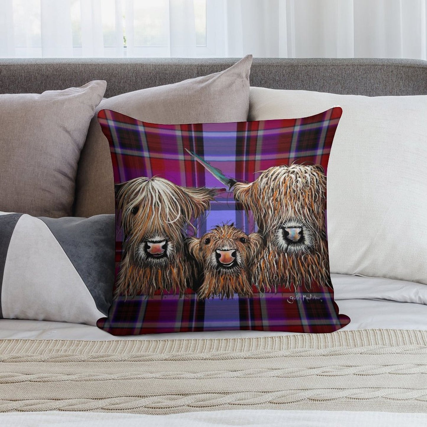 SCoTTiSH HiGHLaND CoW ' TaRTaN We 3 CooS P ' BY SHiRLeY MacARTHuR Soft Hidden Zipper Throw Pillow