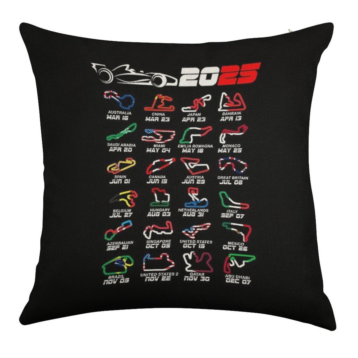 Calendar Formula Race Cars 2025 Circuits Colors Linen Throw Pillow Cover