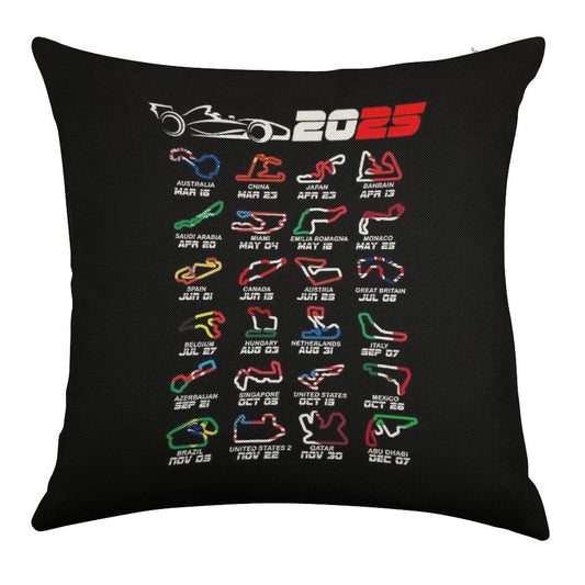 Calendar Formula Race Cars 2025 Circuits Colors Linen Throw Pillow Cover