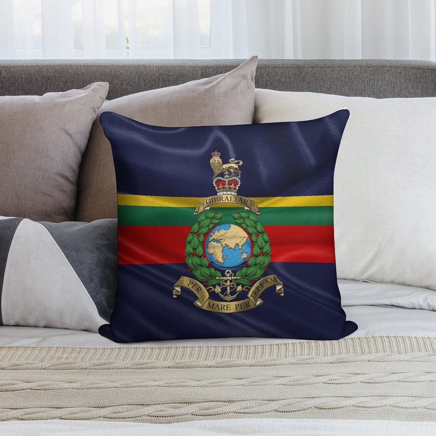 Royal Marines - RM Badge over Royal Marine Flag Soft High-Density Material Throw Pillow