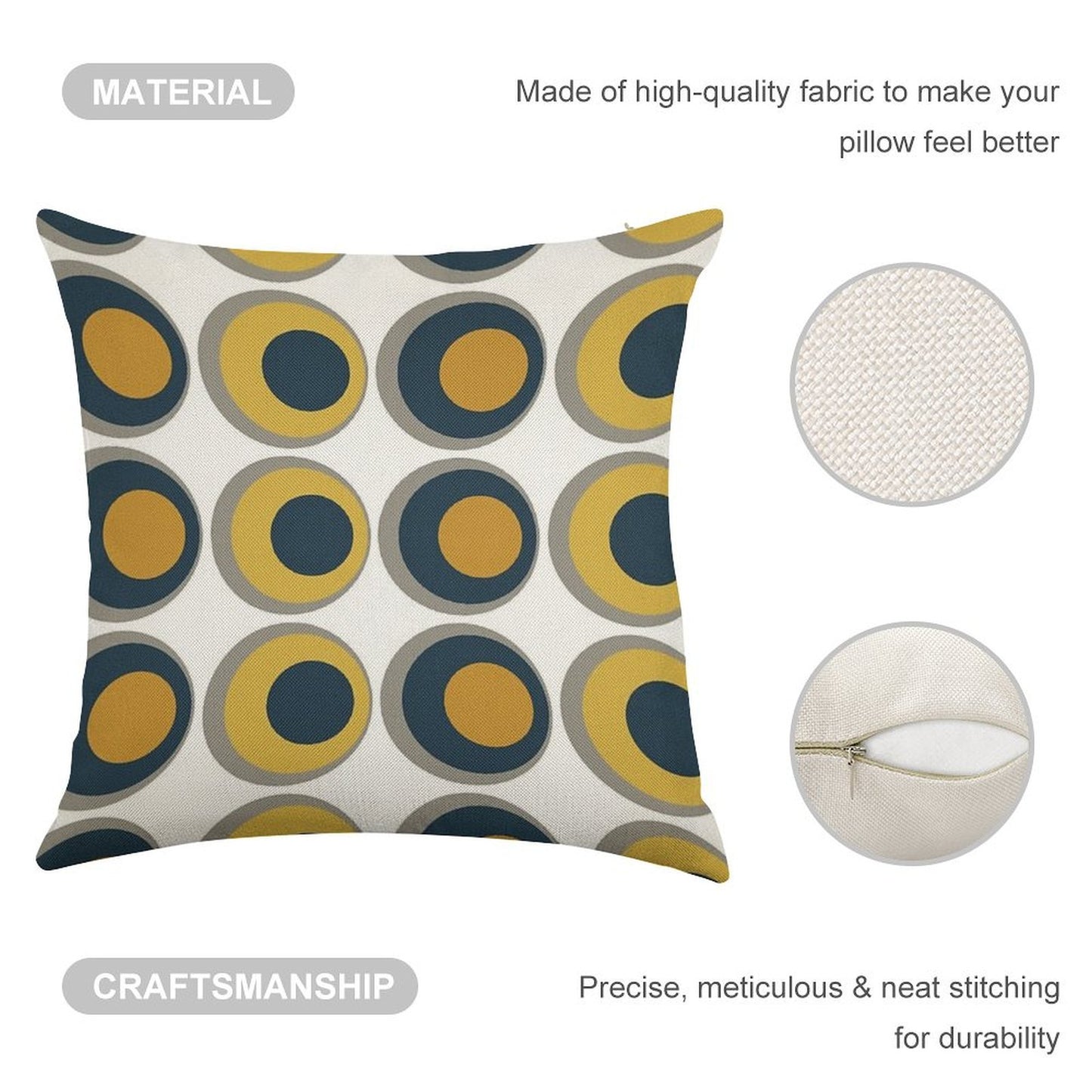 Double Dots Retro Pattern in Light And Dark Mustard Yellow, Navy Blue, Grey, And White Linen Throw Pillow Cover