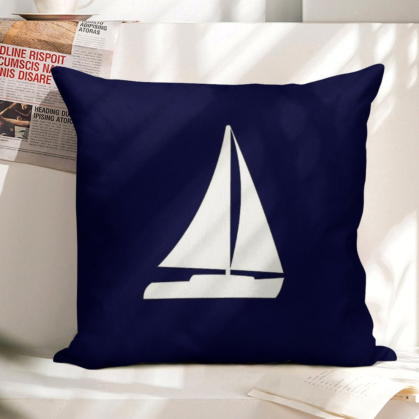 Sailboat Silhouette On Navy Blue Linen Throw Pillow Cover