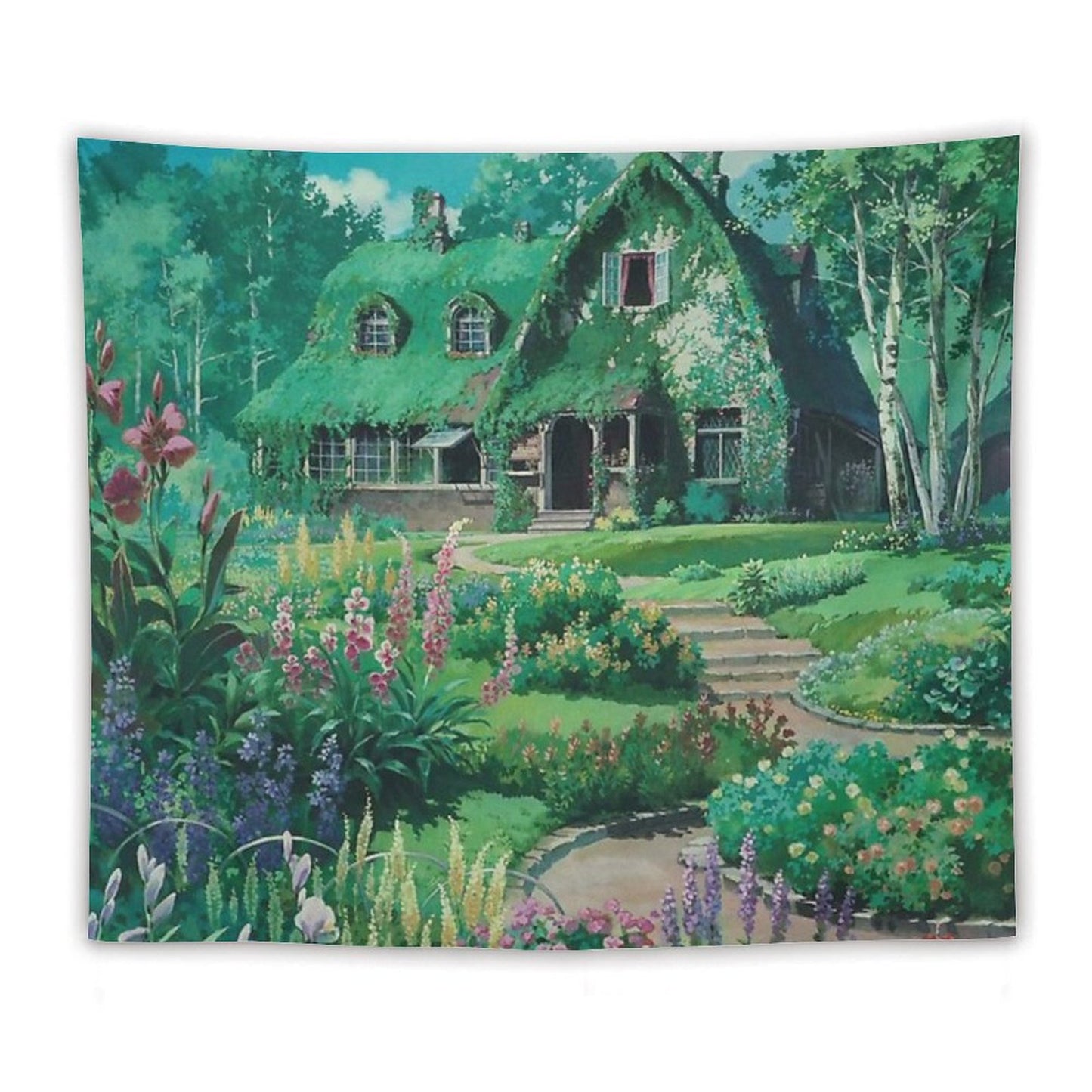 Anime Movie House with Flowers Scenery Tapestry